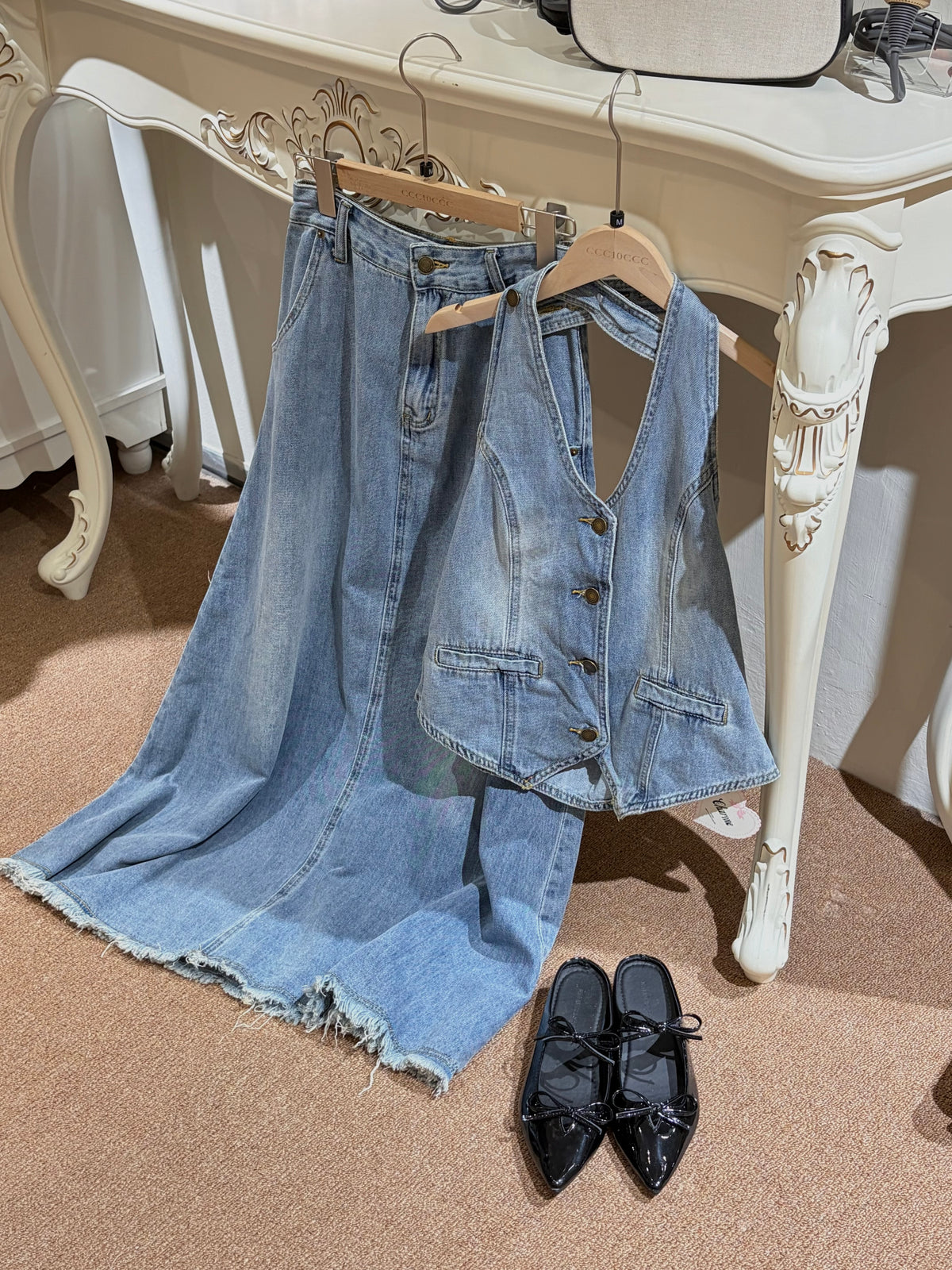 Charme Women's Vintage Washed Denim Halter Vest and Maxi Skirt