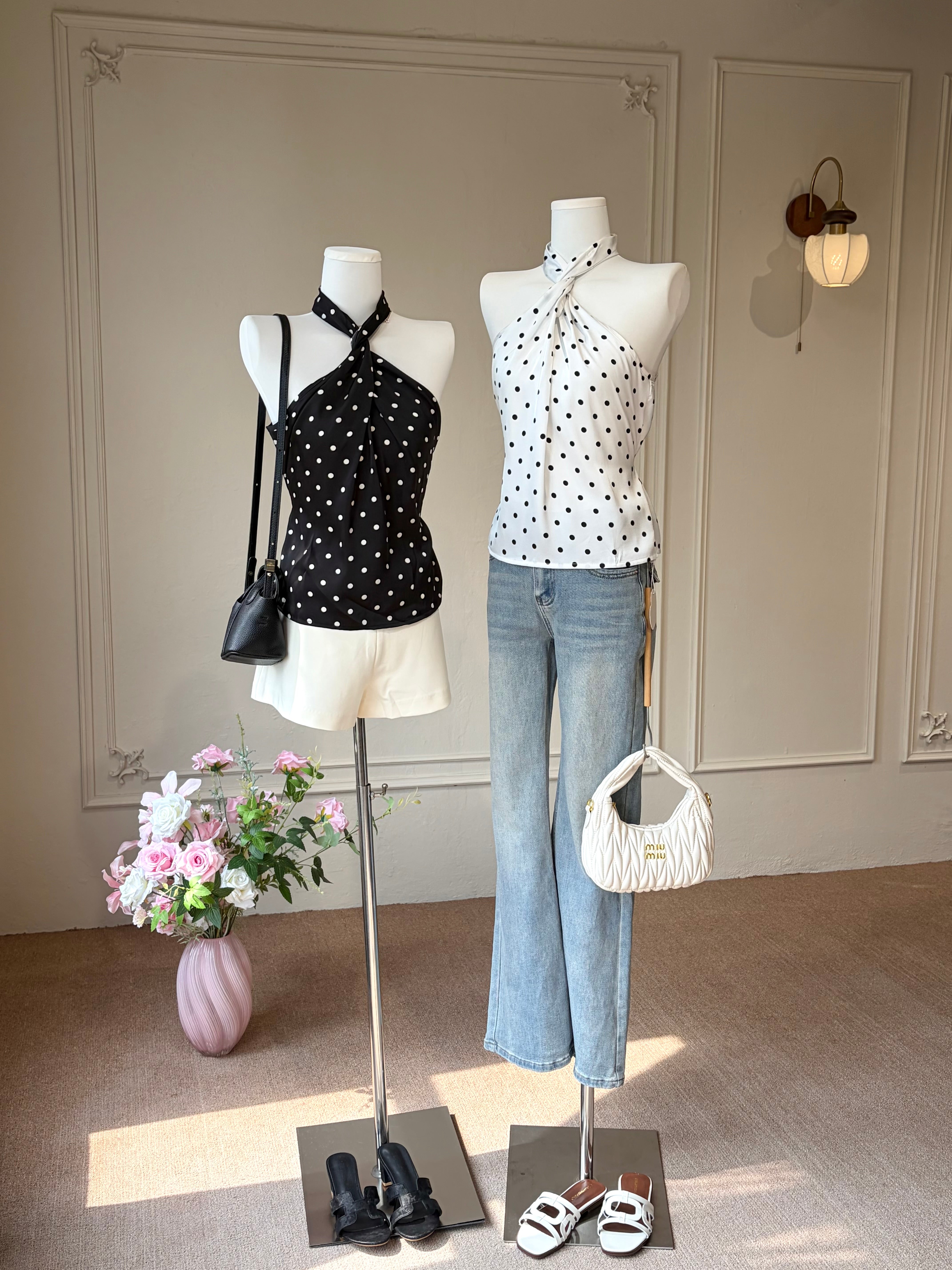 Charme.cc Women's Black and White Polka Dot Cross Halter Regular Fit Top full set outfit