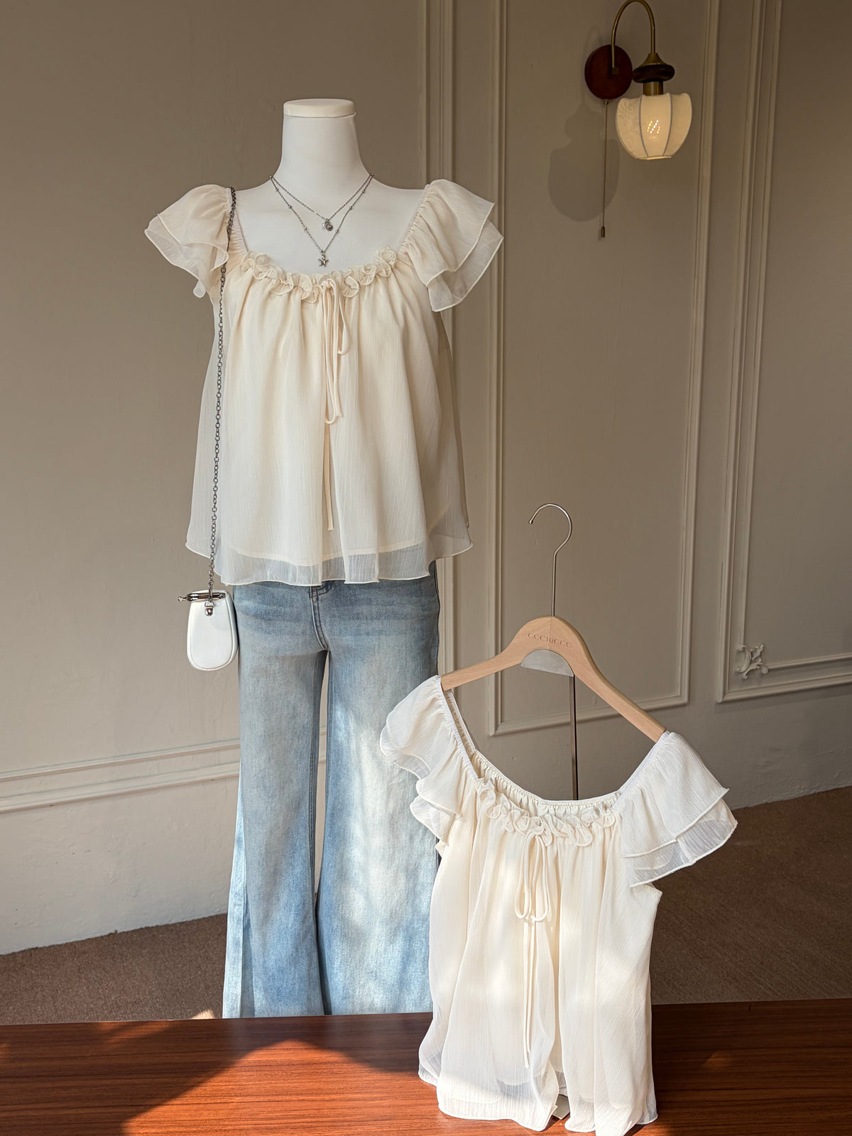 Charme Camille Ruffle Chiffon Blouse in Cream White