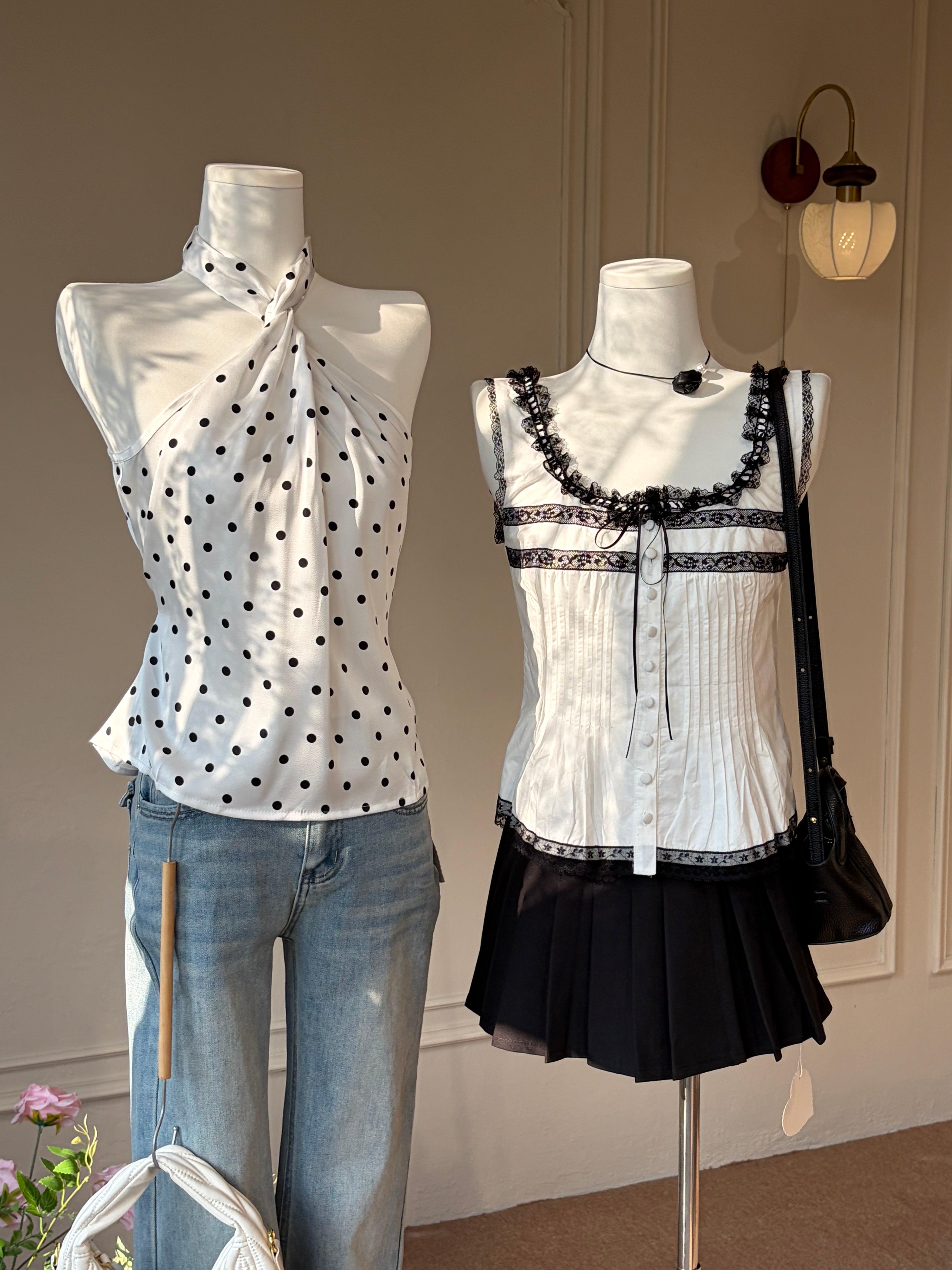 Charme.cc Elise Lace Cami - Square Neckline with Black Contrast Lace Trim, Ribbon Bow and Button Front Details
