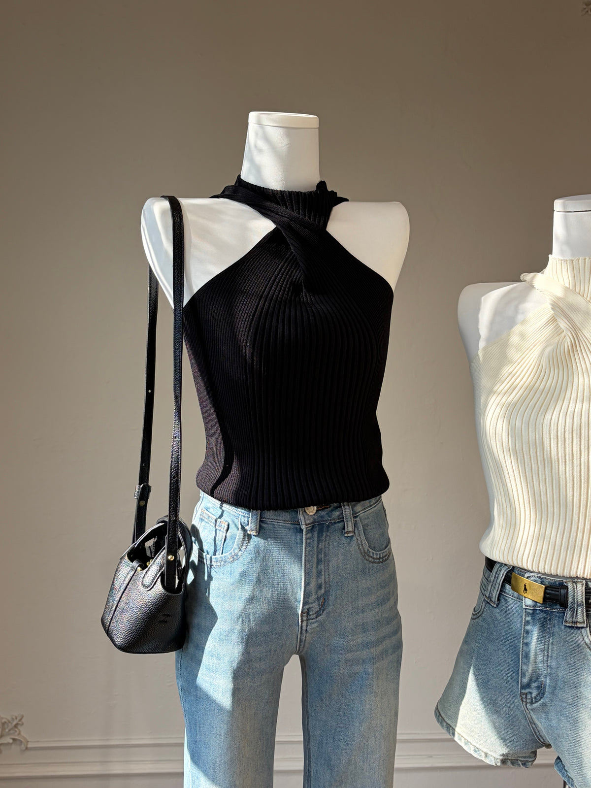 Charme.cc Women's Cross Halter Knit Top - Black and Cream Color Variants with Ribbed Texture and Slim Fit