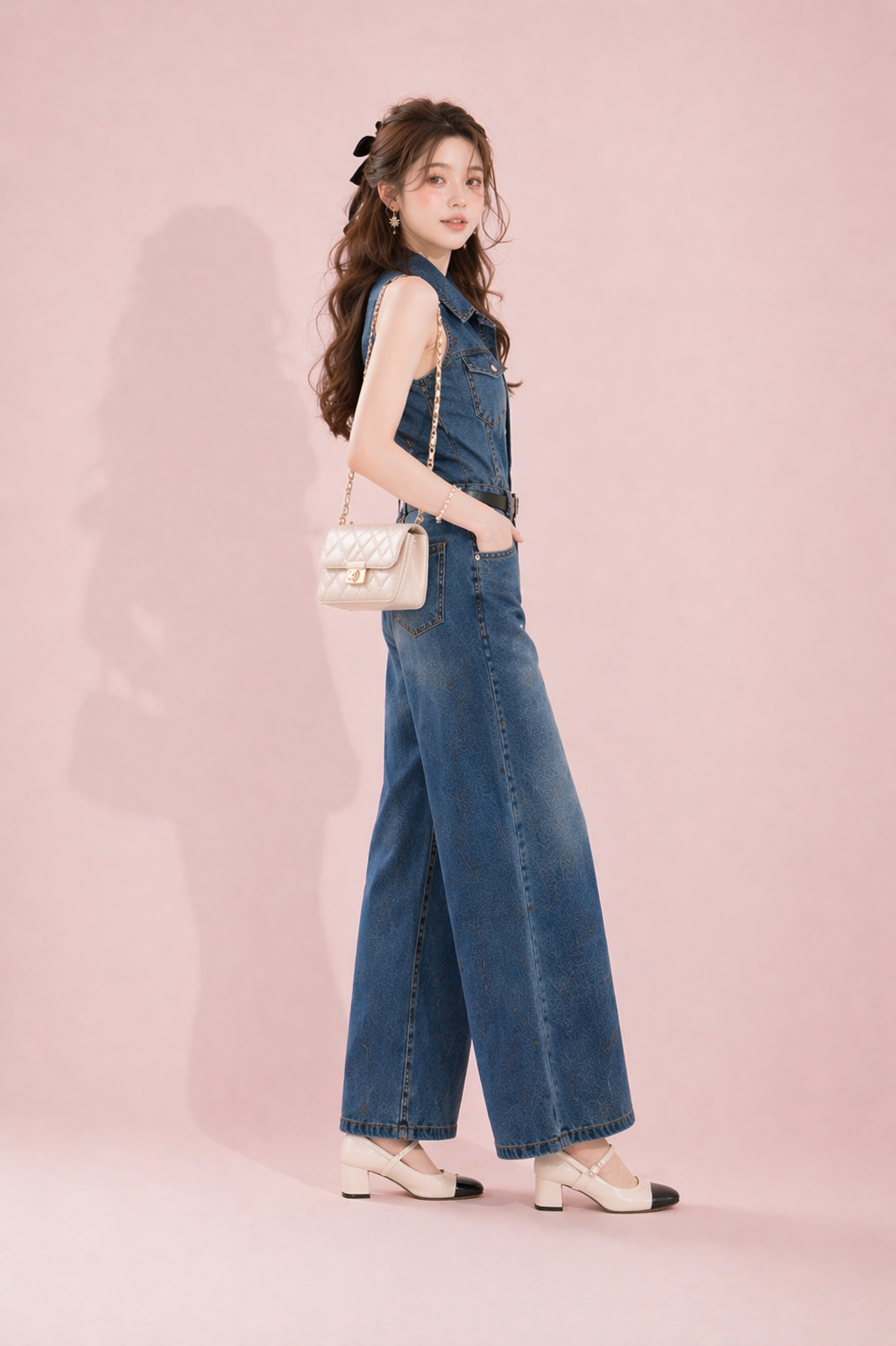 Woman wearing a denim jumpsuit with a pink background