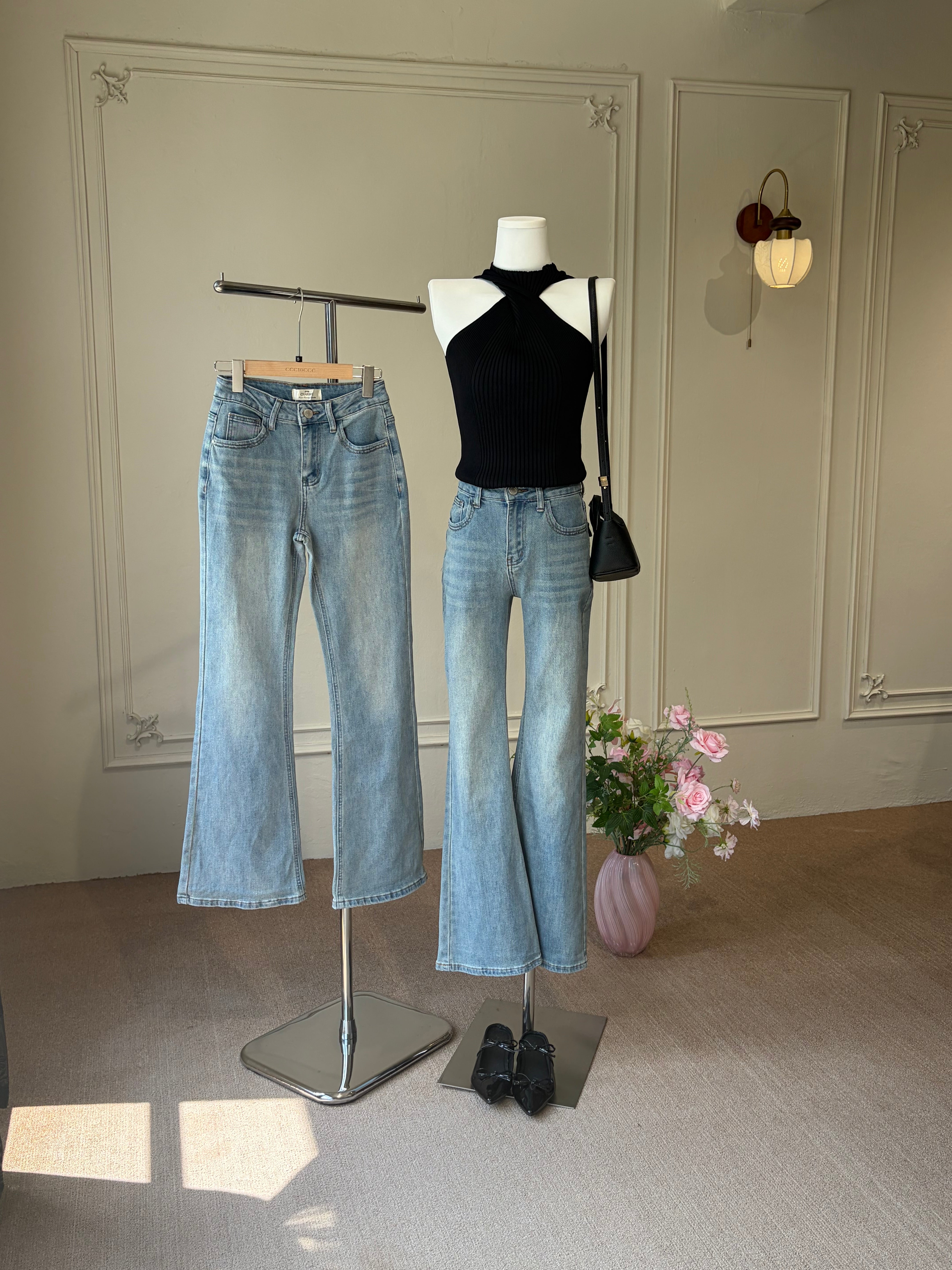 Charme.cc Women's Light Blue High-Waisted Flare Denim Full-Length Jeans