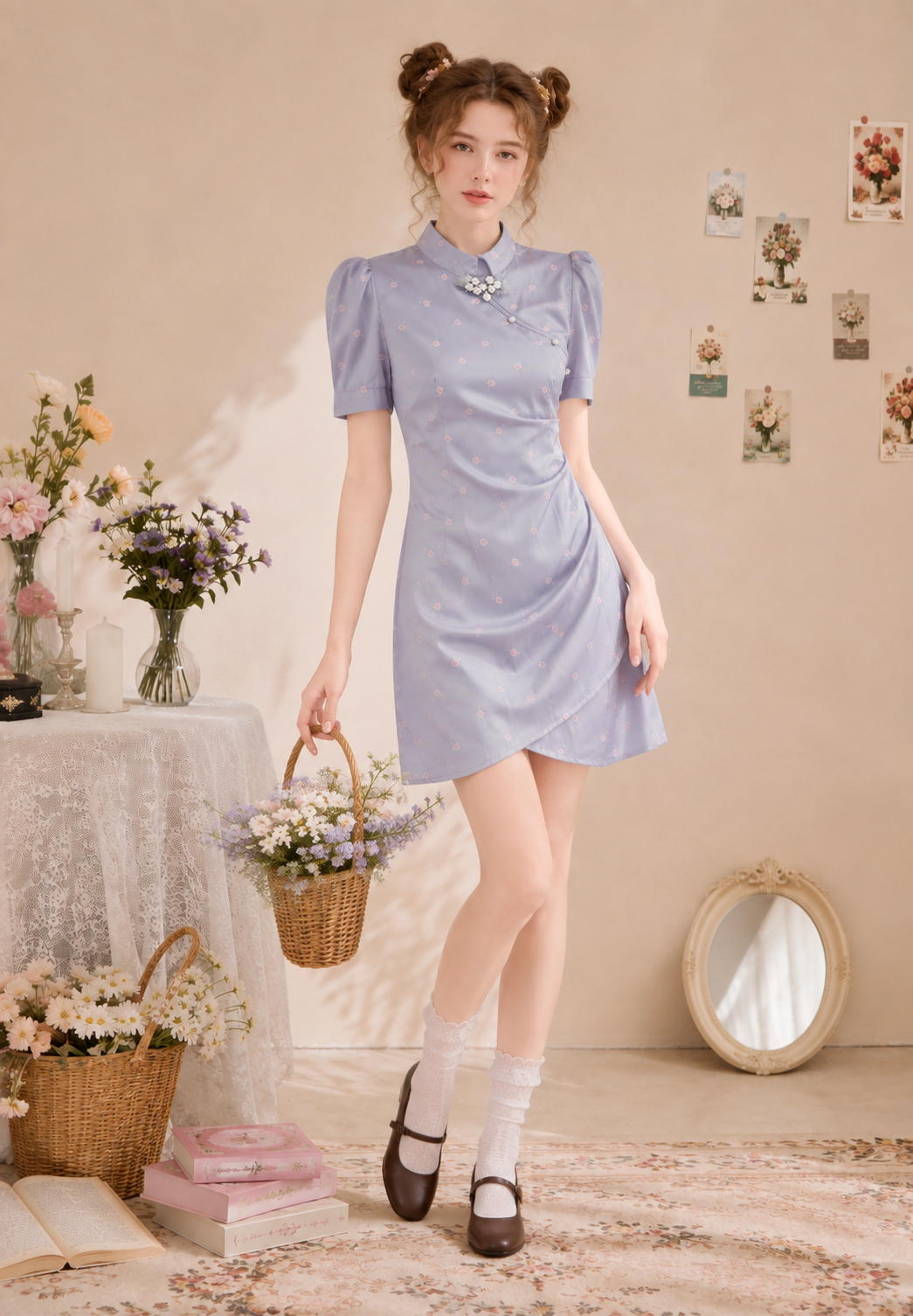 Charme.cc Women's Purple Floral Cheongsam Mini Dress Styled with Mary Jane Shoes