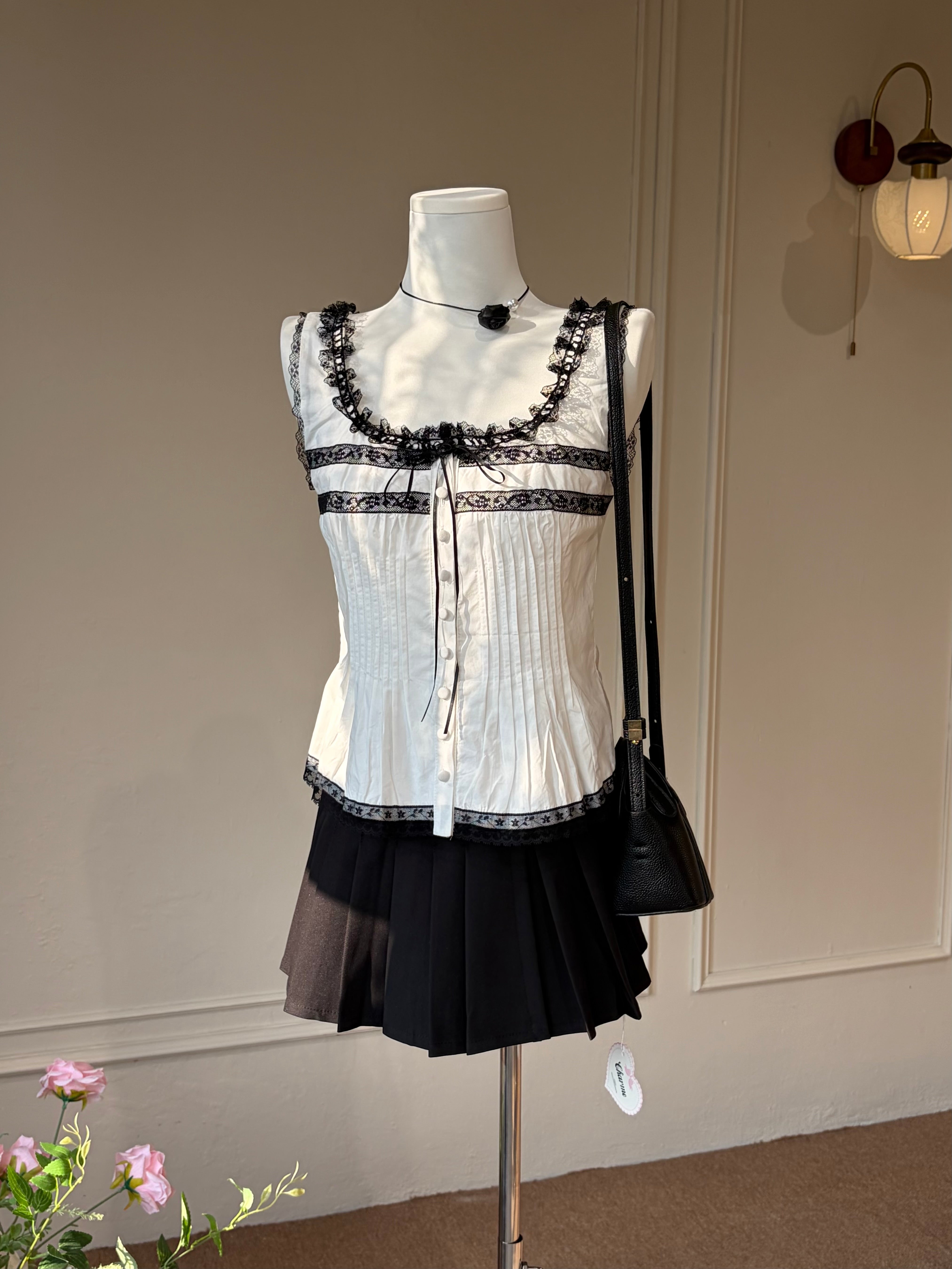 Charme.cc Elise Lace Cami - Women's Ivory and Black Lace Top Styled with Black Pleated Mini Skirt