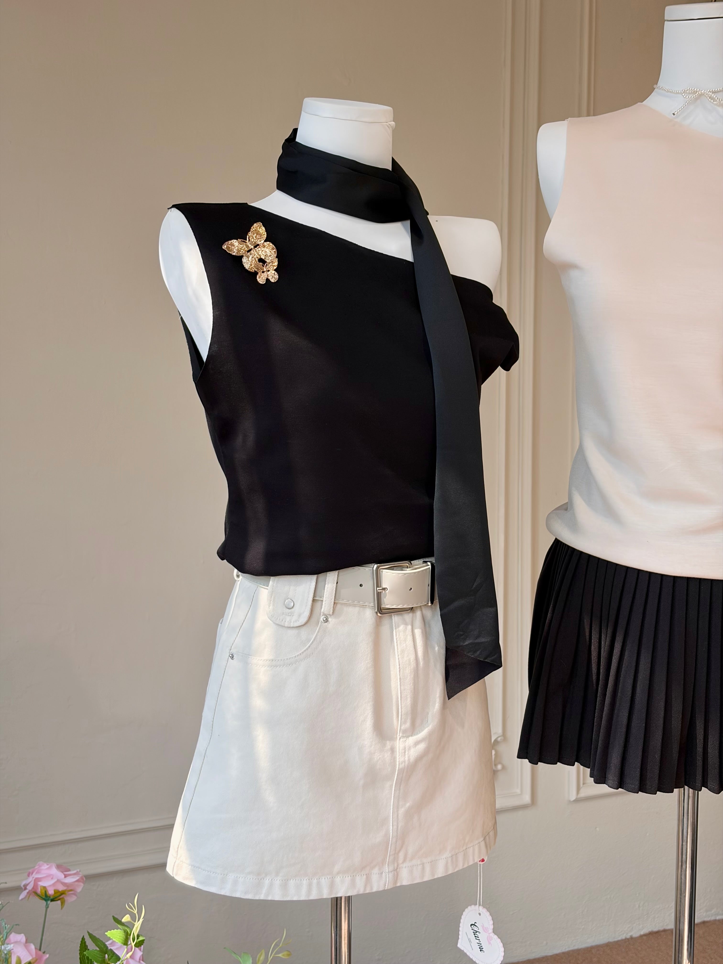 Charme.cc Vivienne Scarf Top - Black Asymmetrical Shoulder Top with Long Scarf Detail