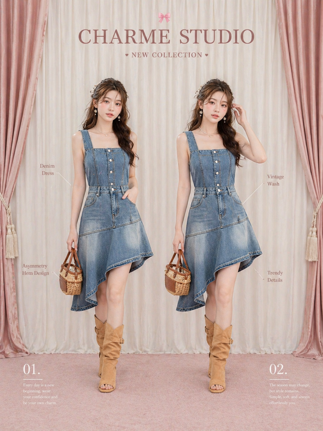 Two models wearing denim dresses with 'Charme Studio' branding against a soft pink curtain background.