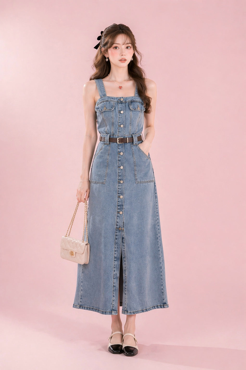Woman wearing a denim dress with a belt on a pink background