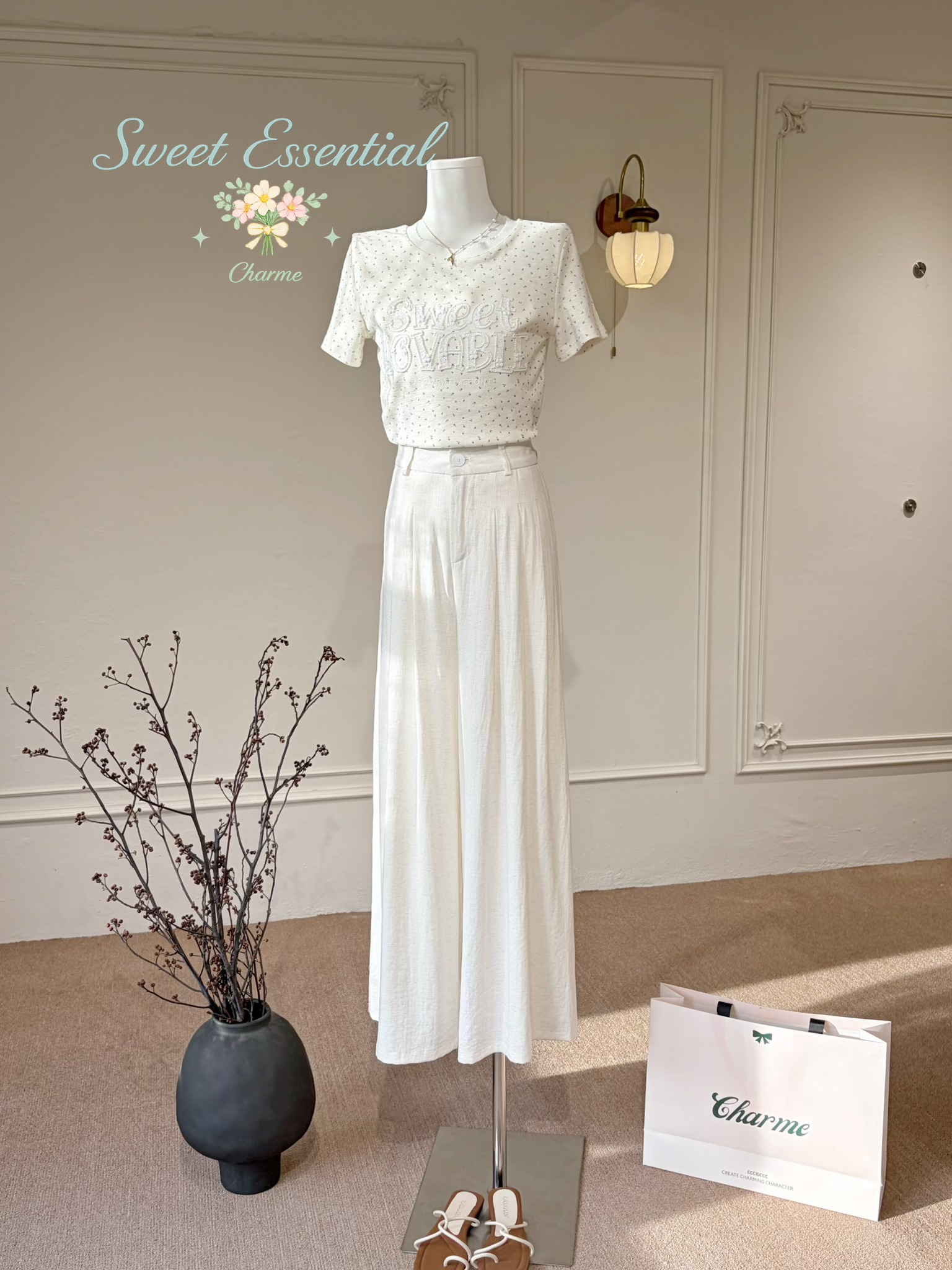 Anais Wide Leg Pants（free Ribbon Scarf）