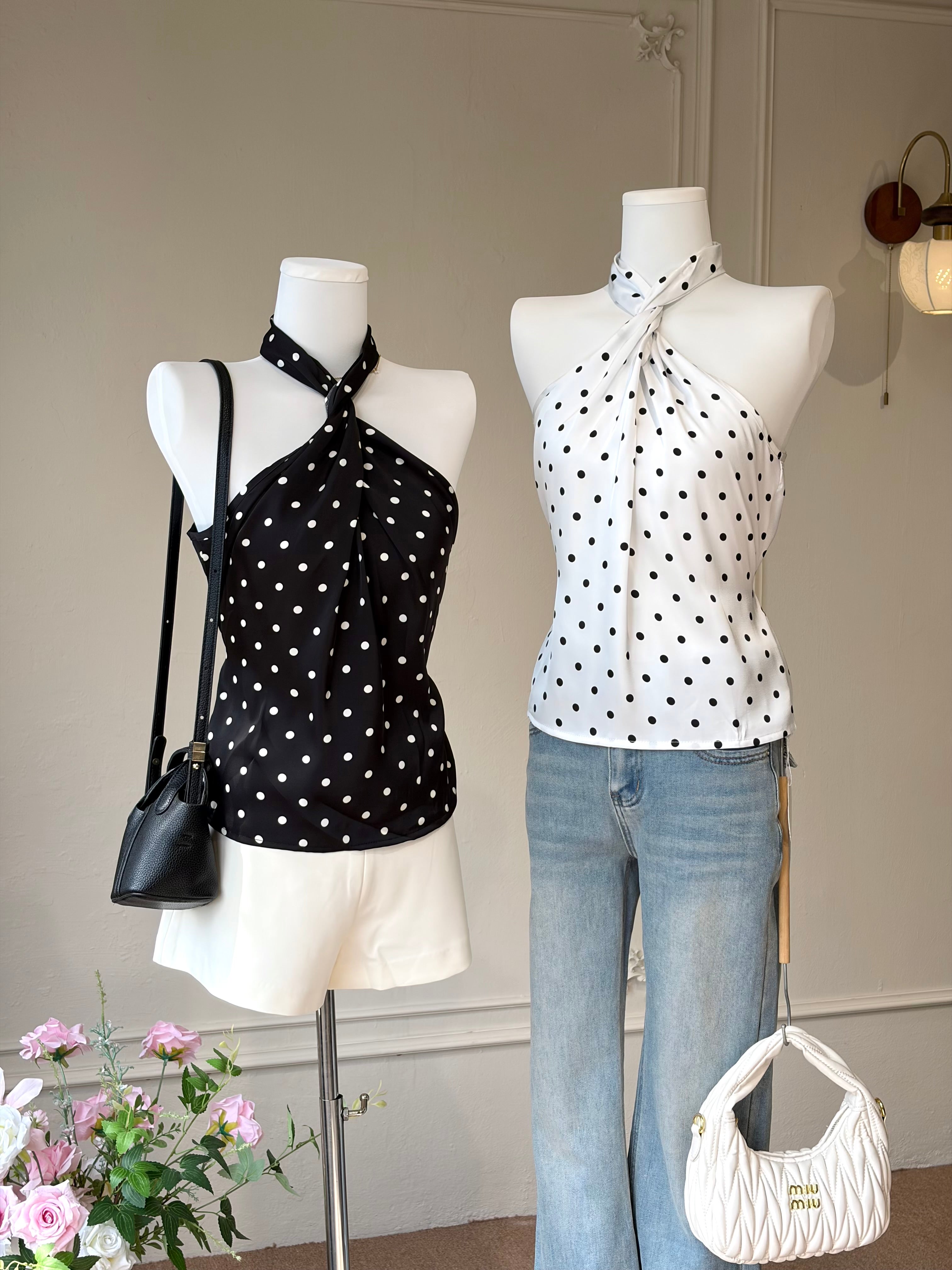 Charme.cc Women's Black and White Polka Dot Cross Halter Regular Fit Top