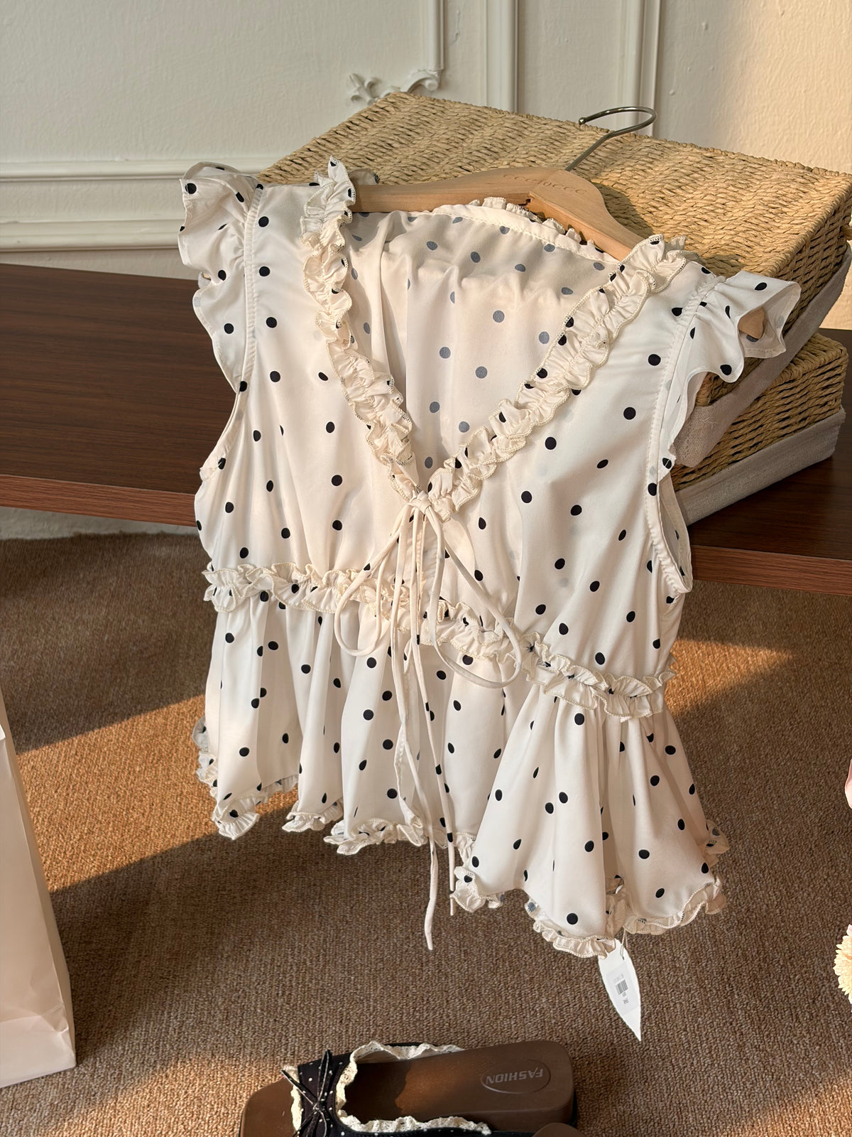 Charme Amélie Polka Dot Ruffle Top in Cream White