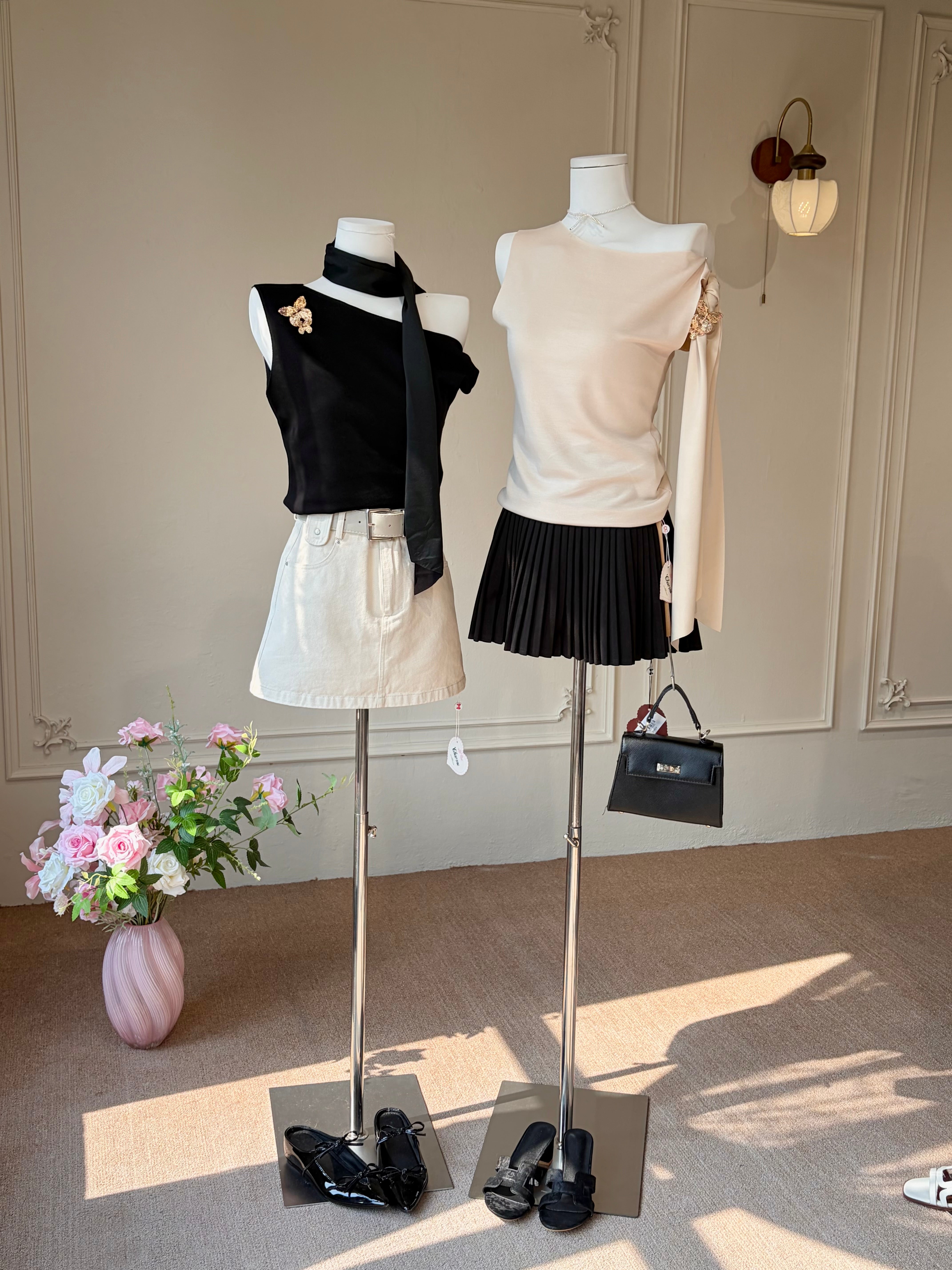 Charme.cc Women's Vivienne Scarf Top - Black and Cream Asymmetrical Tops Styled with Mini Skirts