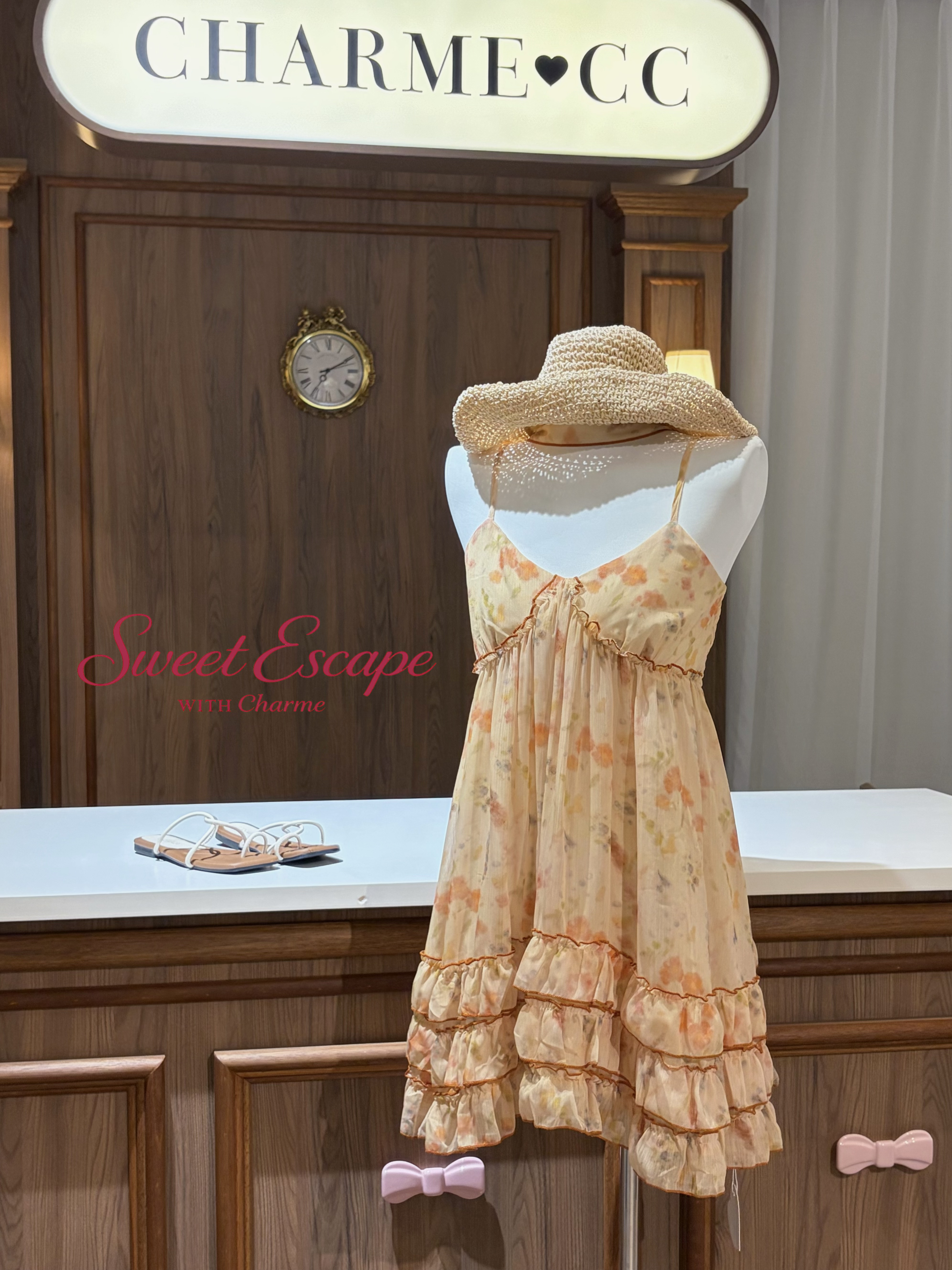 Floral chiffon spaghetti strap mini dress with layered ruffle hem in soft pastel print, Sweet Escape with Charme collection