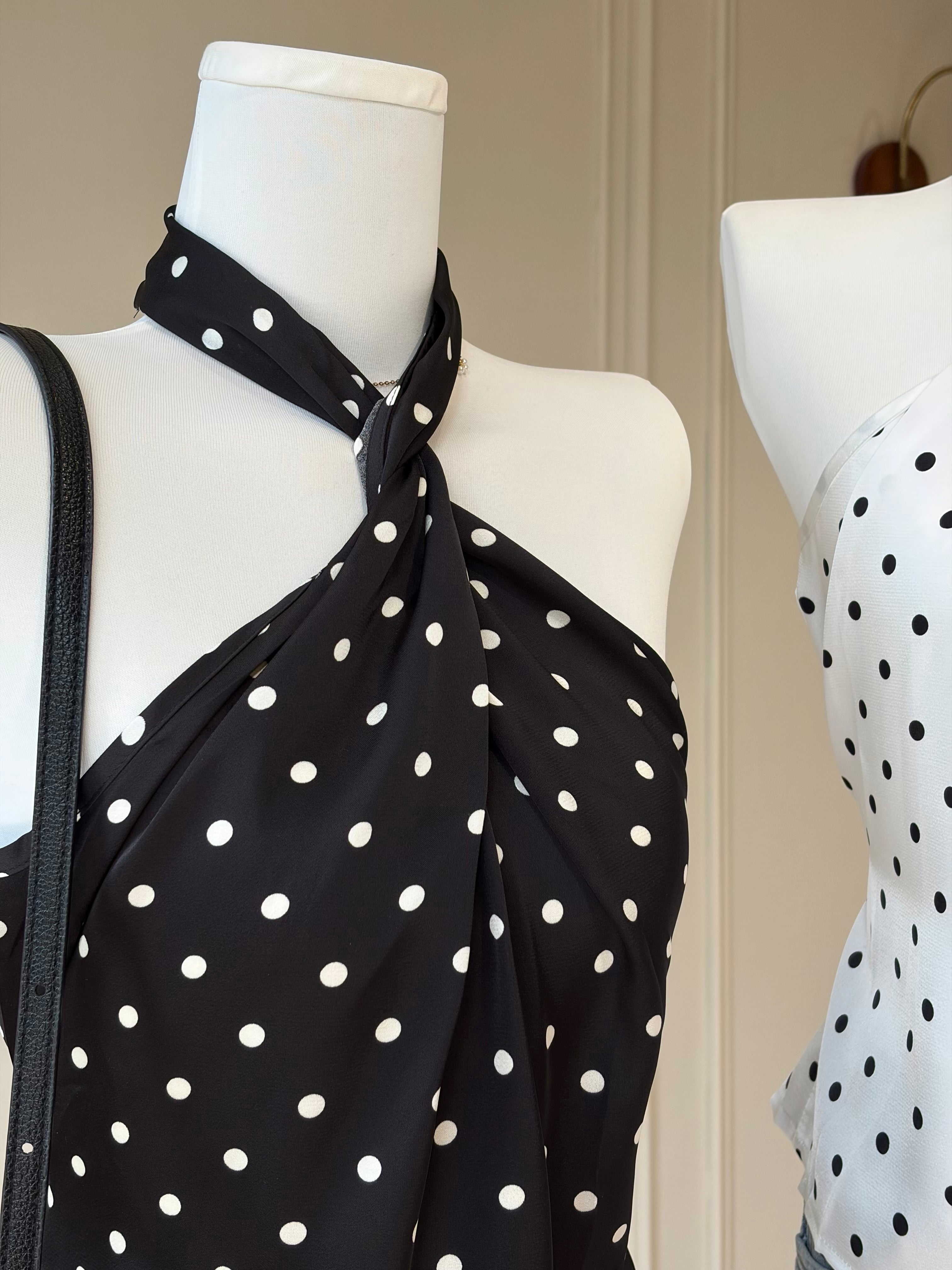 Charme.cc Celine Polka Halter - Black Polka Dot Cross Neck Sleeveless Top