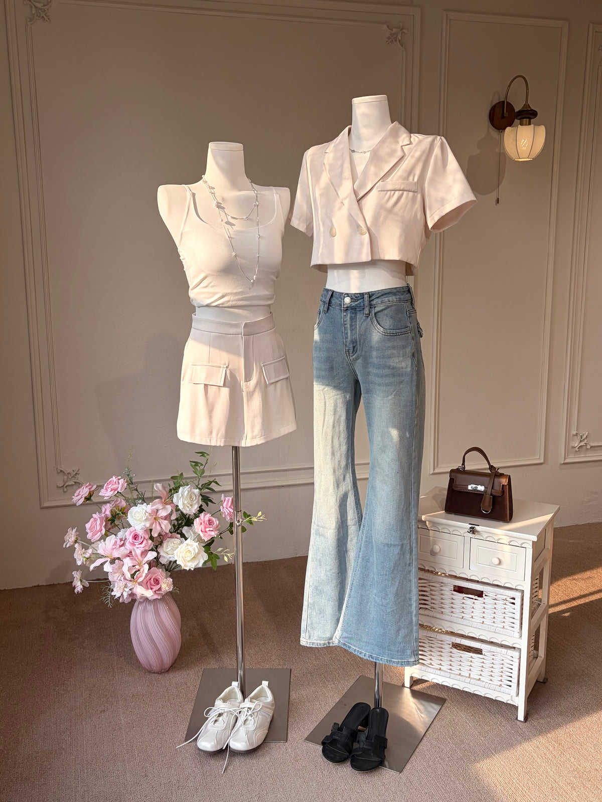 Charme.cc Women's Sydney Cream Cropped Blazer Top and High Waist Skort Styling Look with jeans
