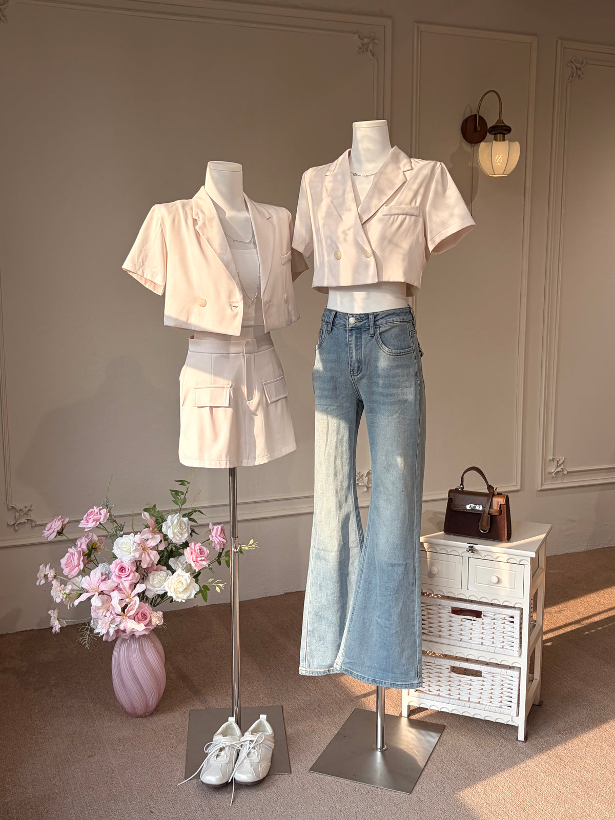 Charme.cc Women's Sydney Cream Cropped Blazer Top and High Waist Skort Styling Look in two way