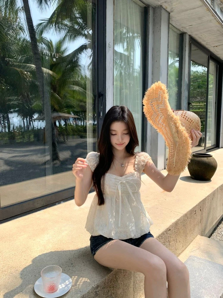 W8723 重工！韩系勾花上衣
