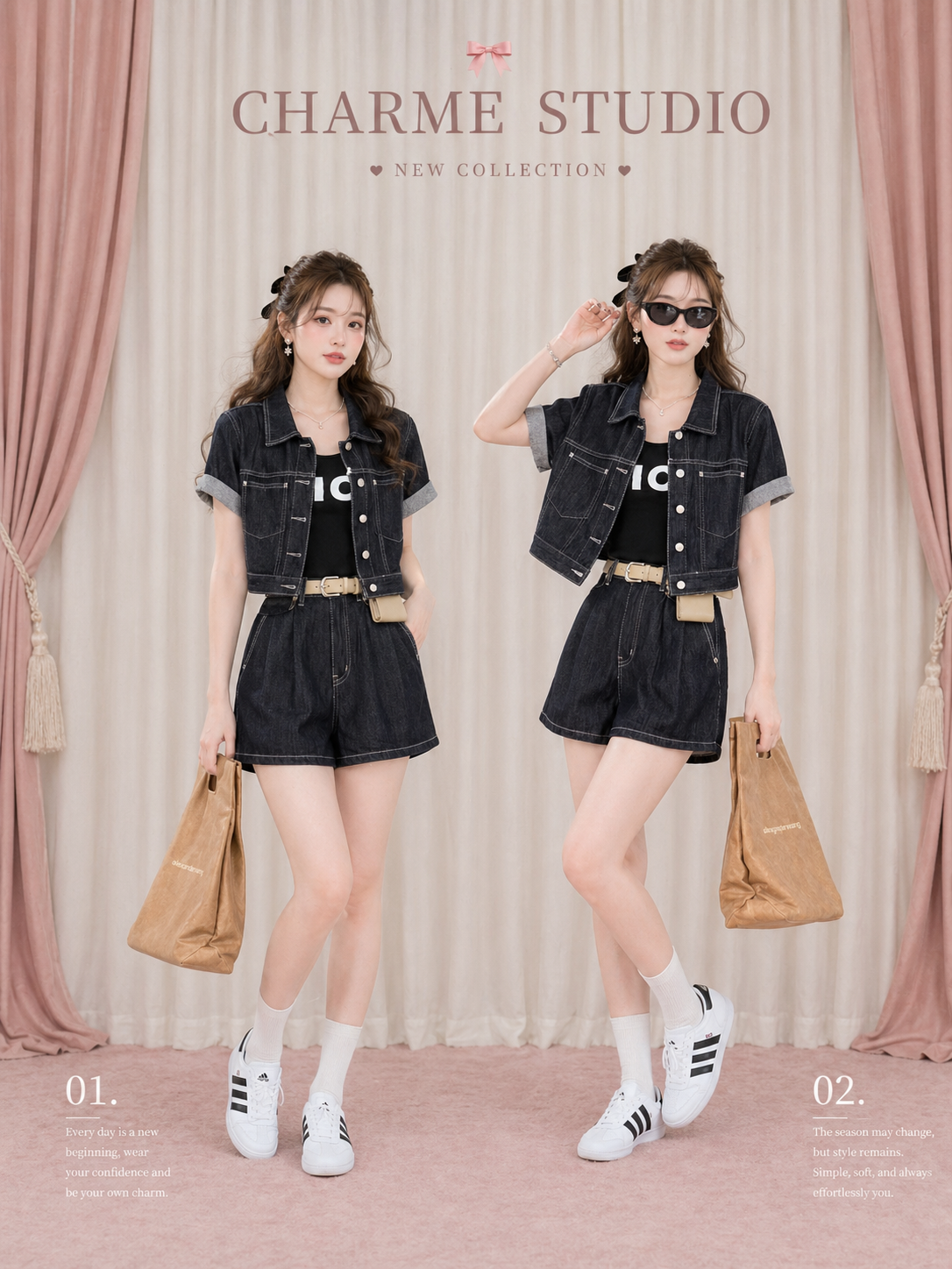 Two women modeling a denim outfit with 'Charme Studio' branding.