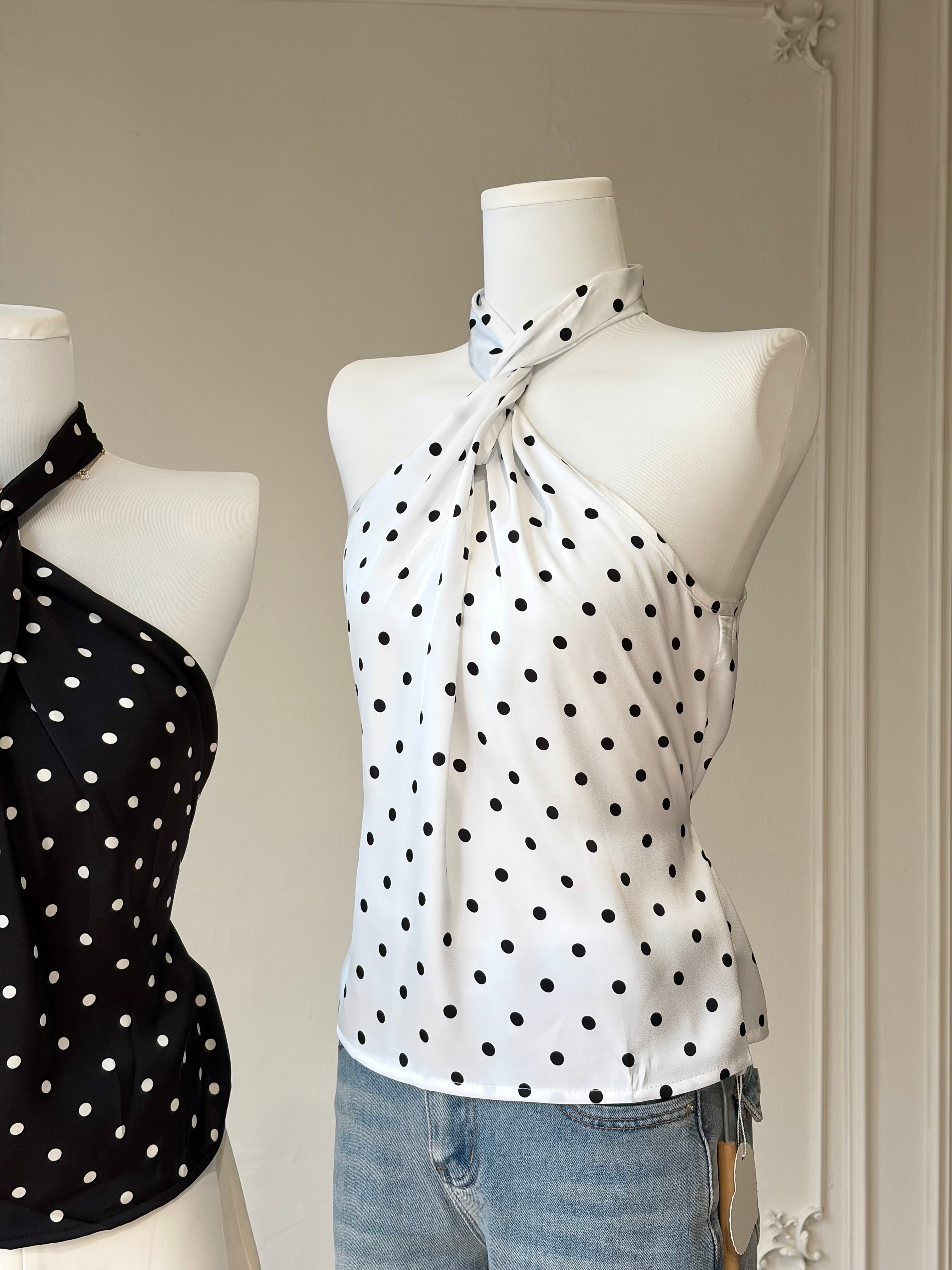 Charme.cc Celine Polka Halter - White Polka Dot Halter Top with Draped Front Detail