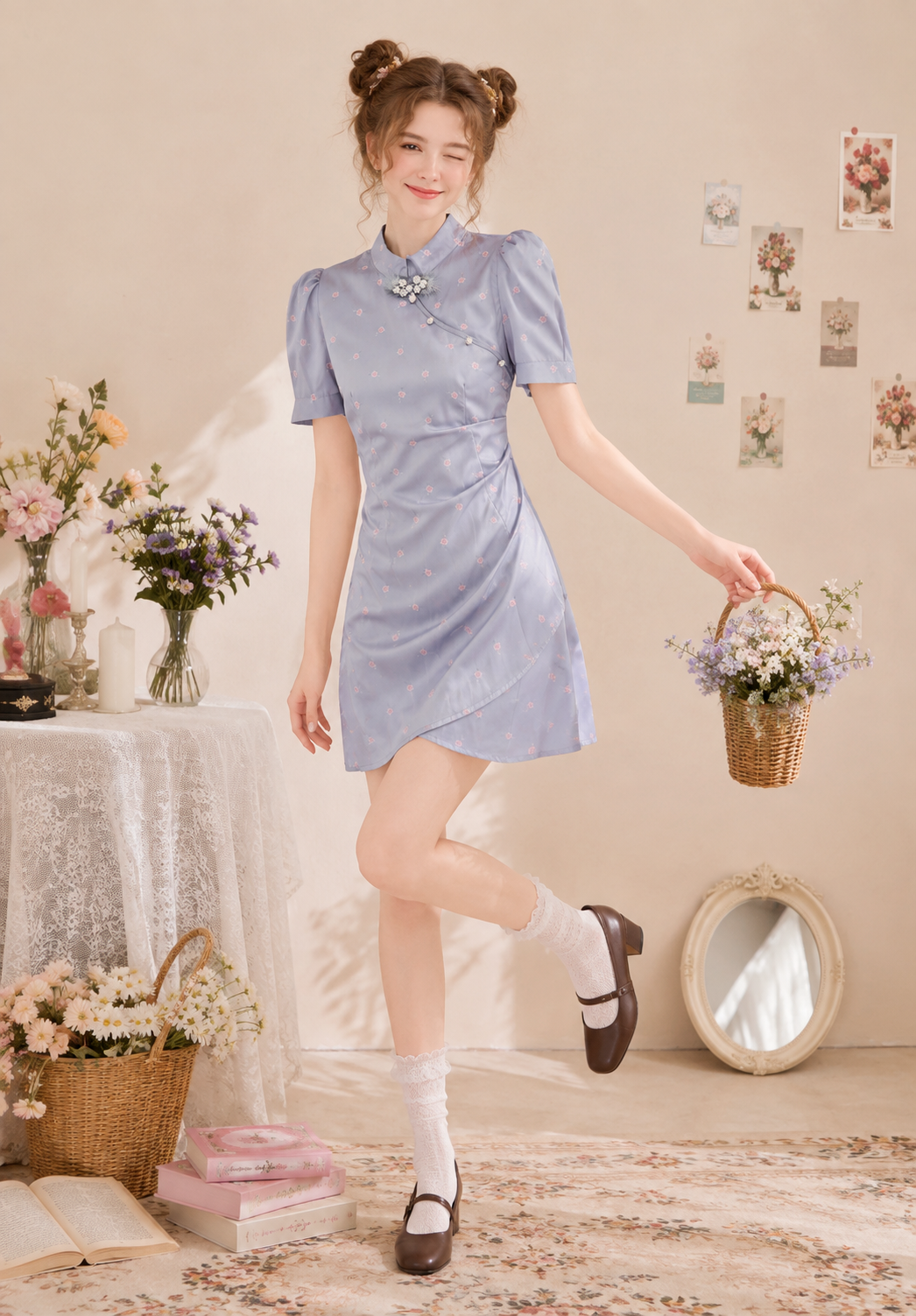 Charme.cc Celestine Cheongsam Dress - grey Floral Puff Sleeve Mini Dress