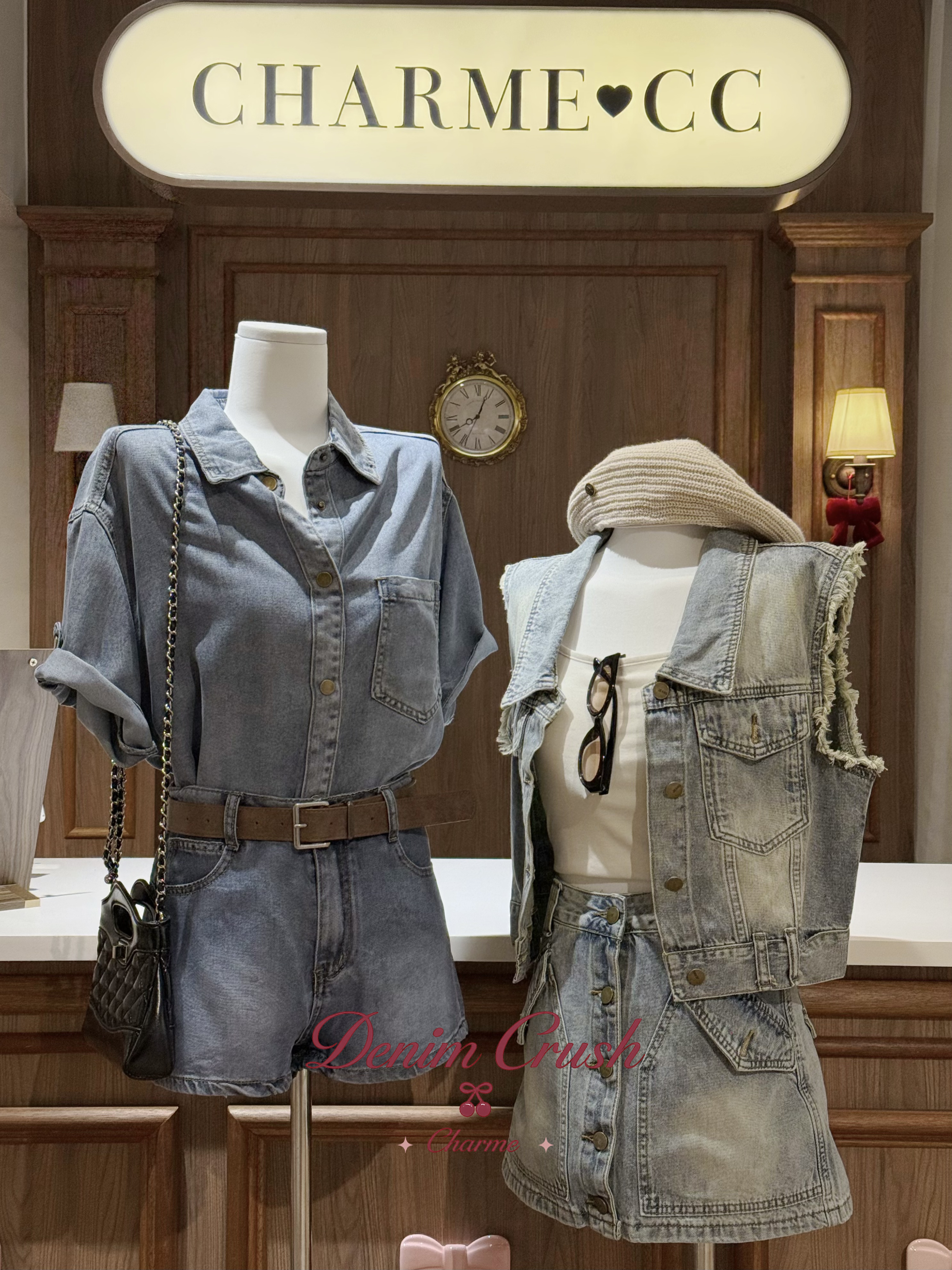 vintage wash denim vest and skirt set