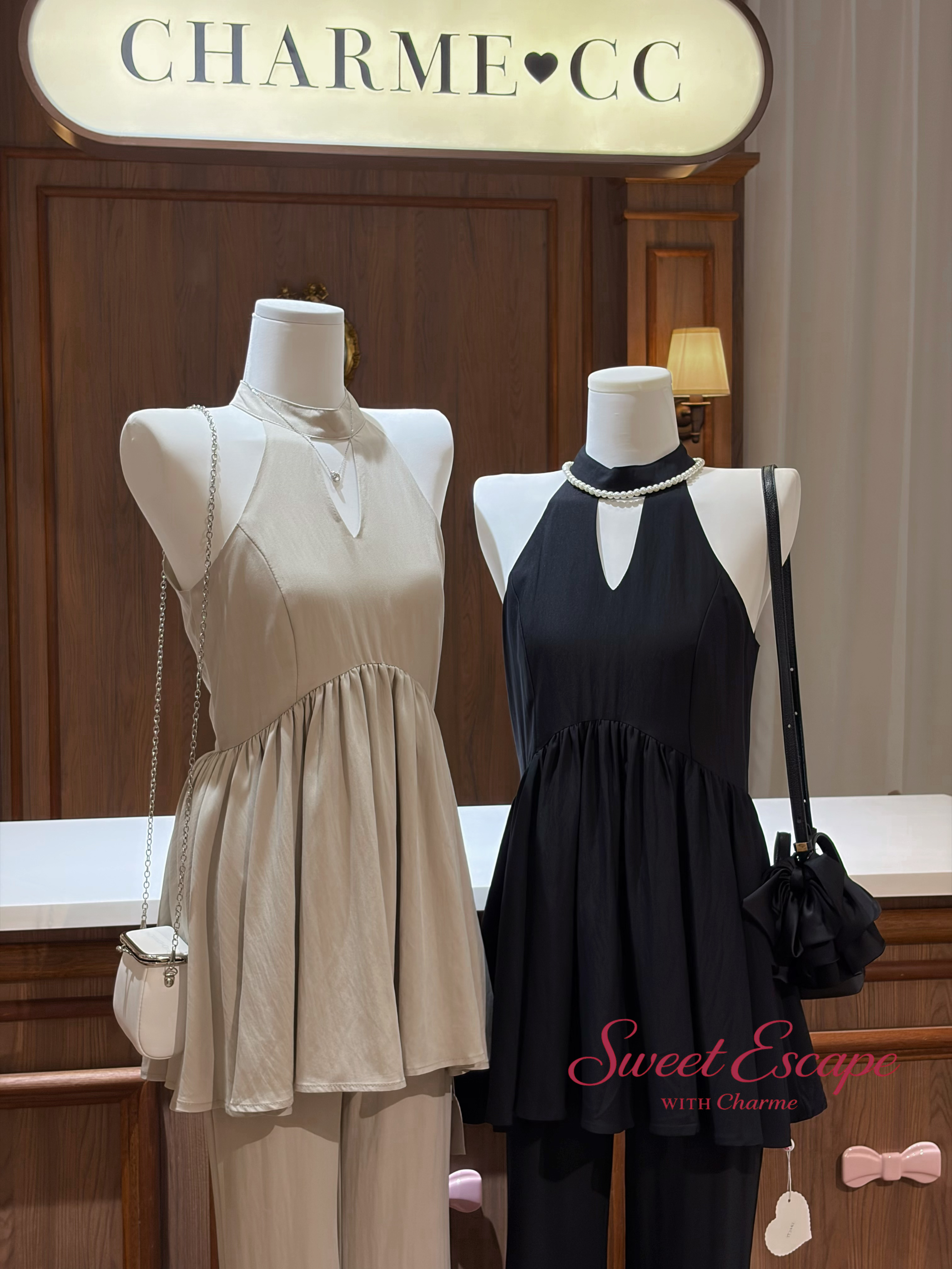 Close-up detail of halter neckline top with flowy layered silhouette and wide pants