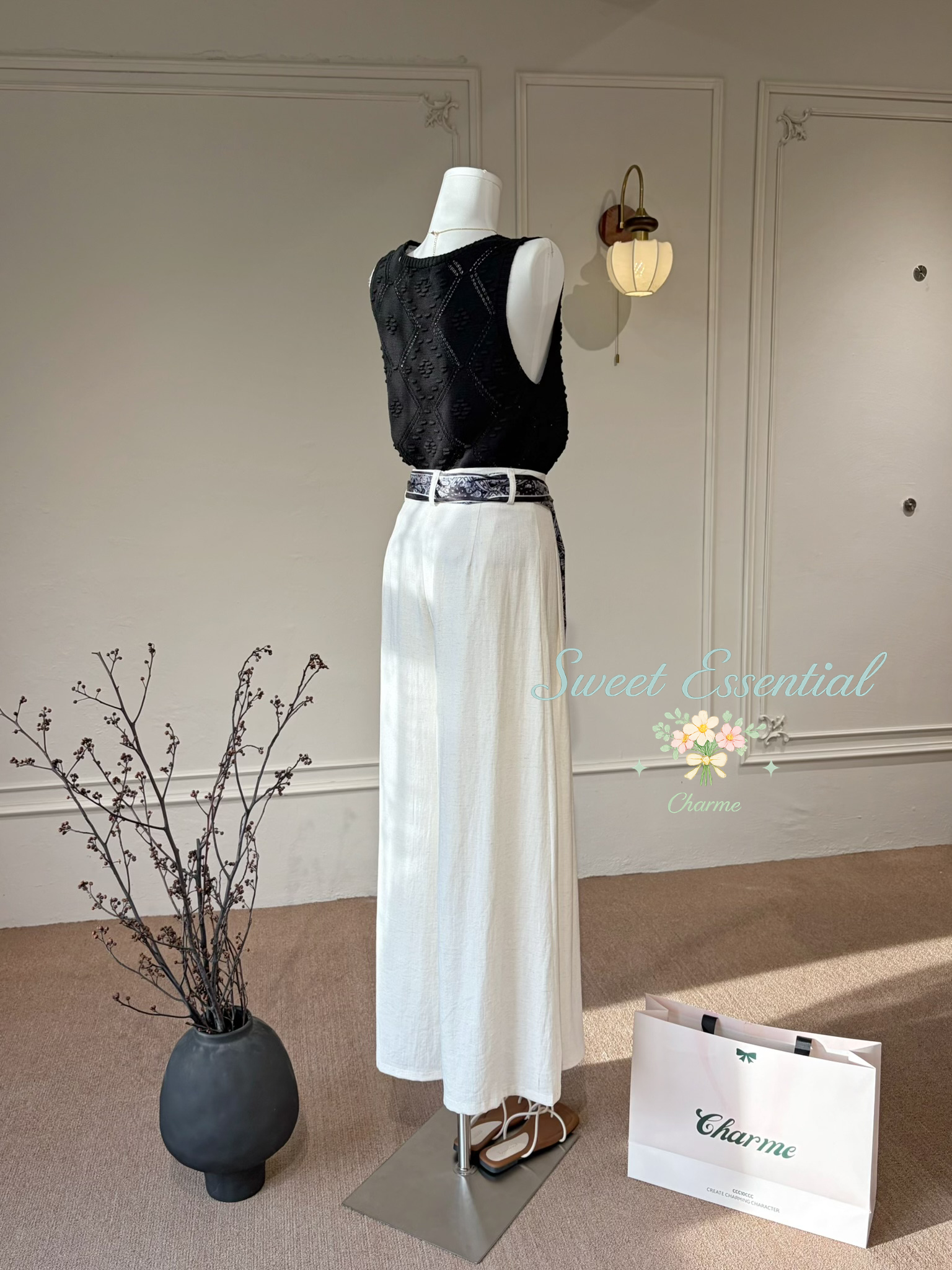 Anais Wide Leg Pants（free Ribbon Scarf）