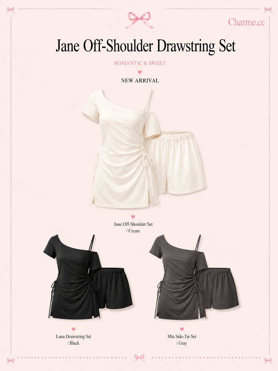 Charme.cc Jane Off-Shoulder Drawstring Set - Cream, Black and Gray Color Variants with Ruched Waist, Side Drawstrings and Matching Shorts