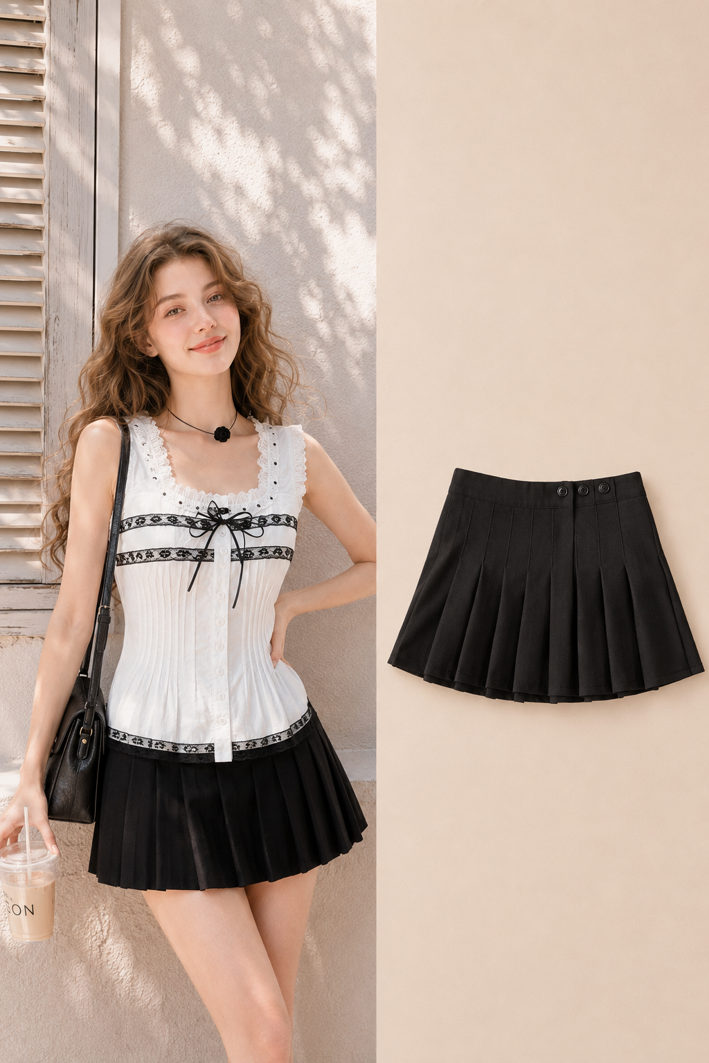 Charme.cc Women's Black Regular Fit Pleated Mini Skirt with Asymmetrical Waist Detail