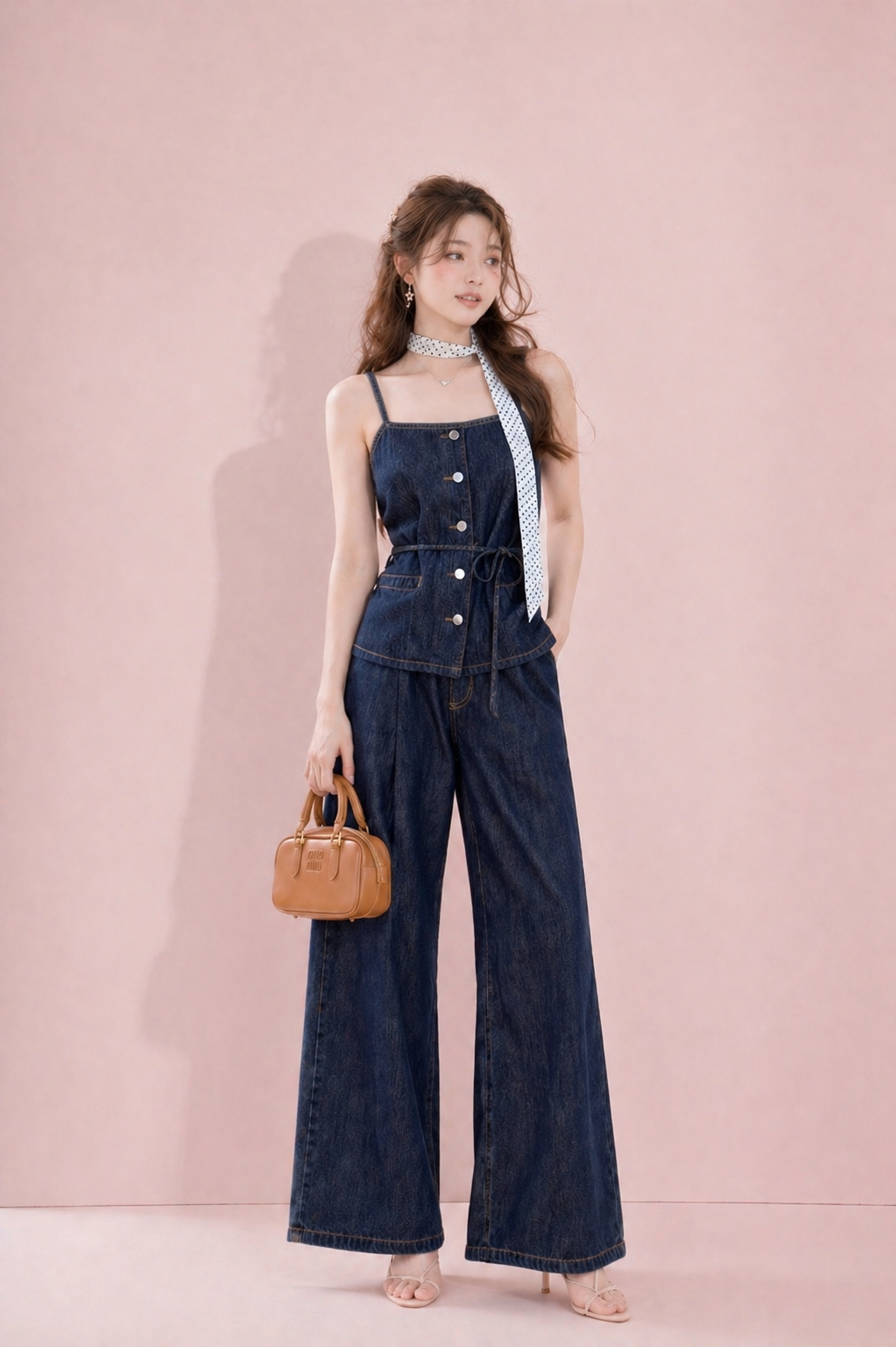 Woman wearing a denim outfit with a brown handbag against a pink background