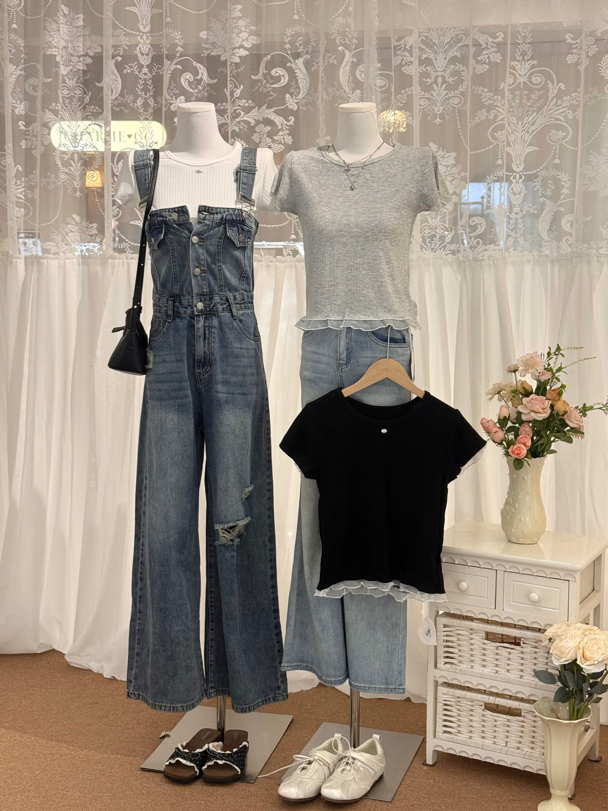Charme Clara Ruffle Ribbed Tee in White, Grey and Black