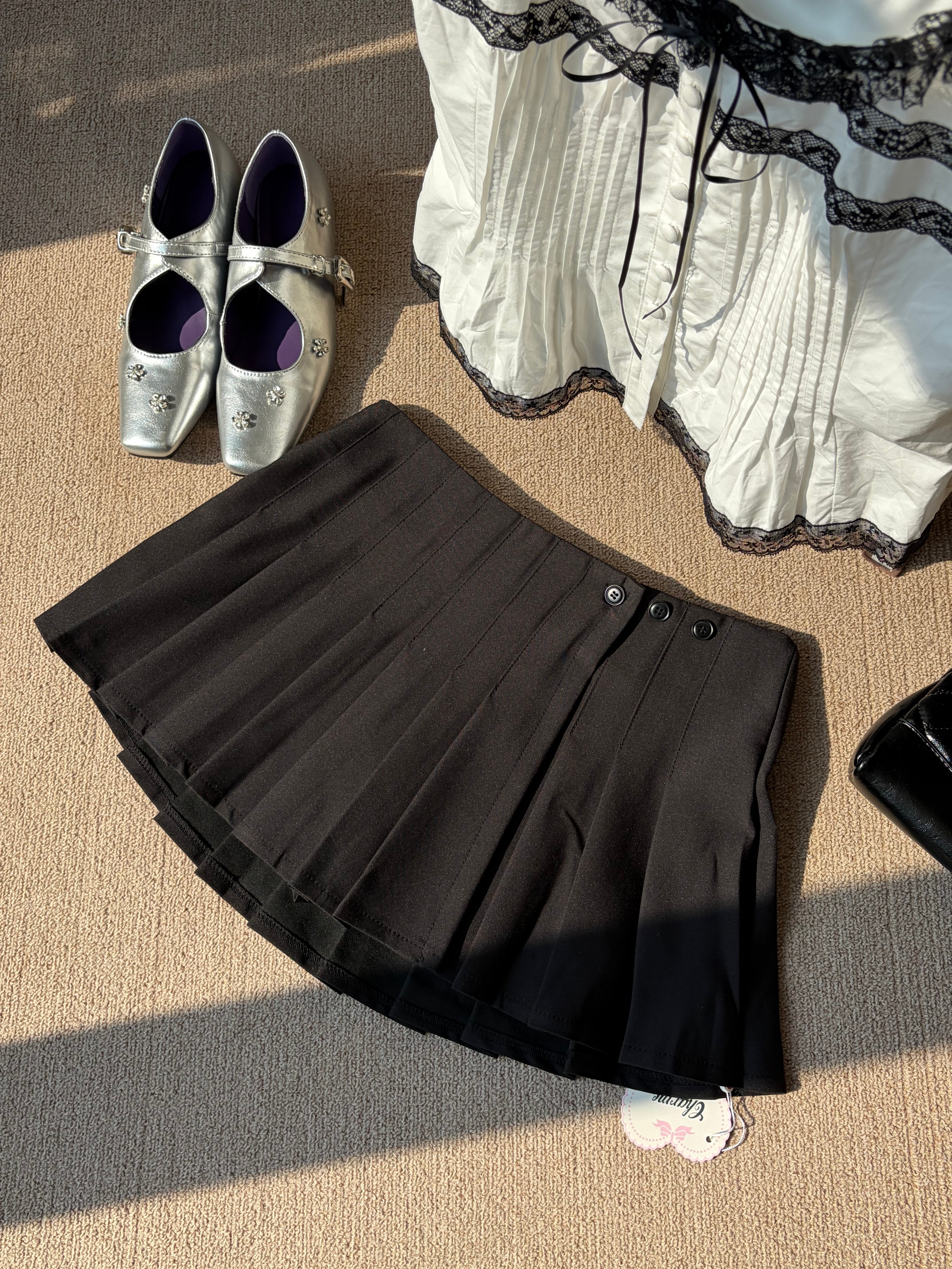 Charme.cc Clara Pleated Skirt - Black Pleated Fabric, Structured Waistband and Inner Lining Detail