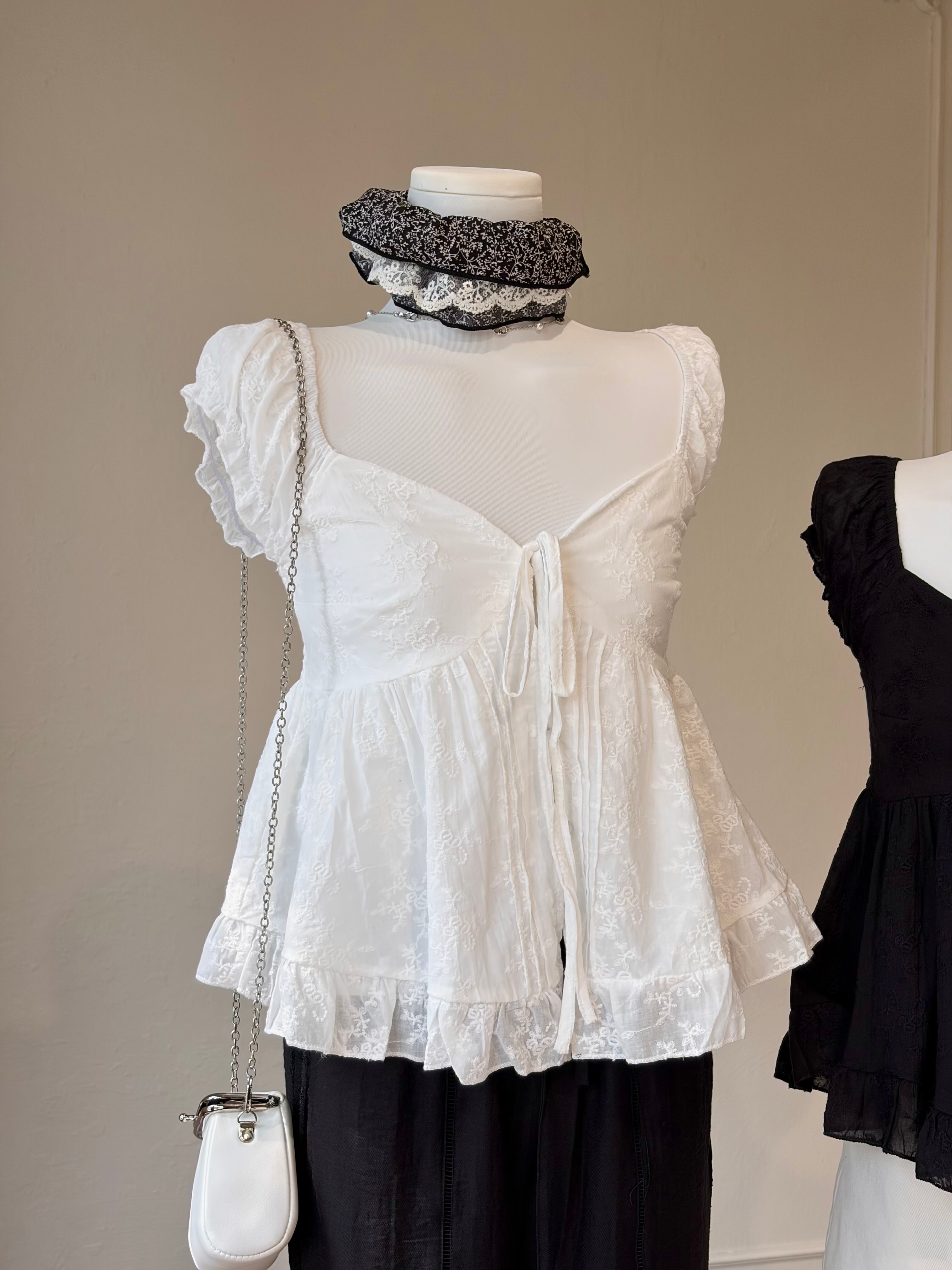 Charme.cc Clara Lace Babydoll - White Sweetheart Neck Embroidered Lace Top with Ruffle Hem
