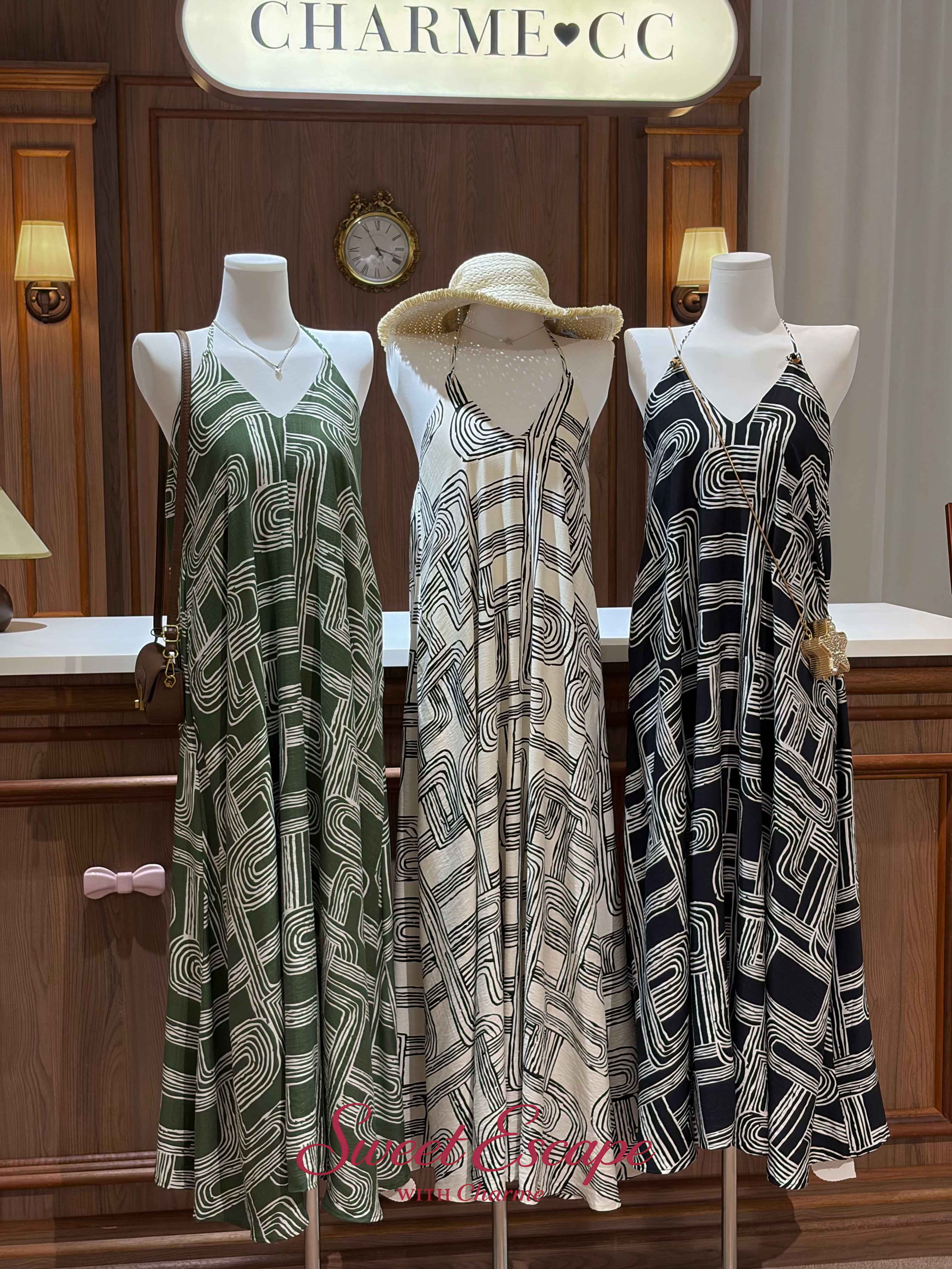 Abstract printed maxi dress in olive green, cream and black