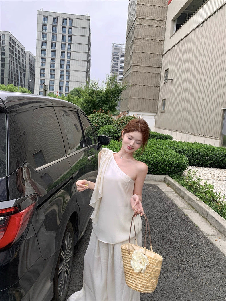 W8900 日系棉麻斜肩套装