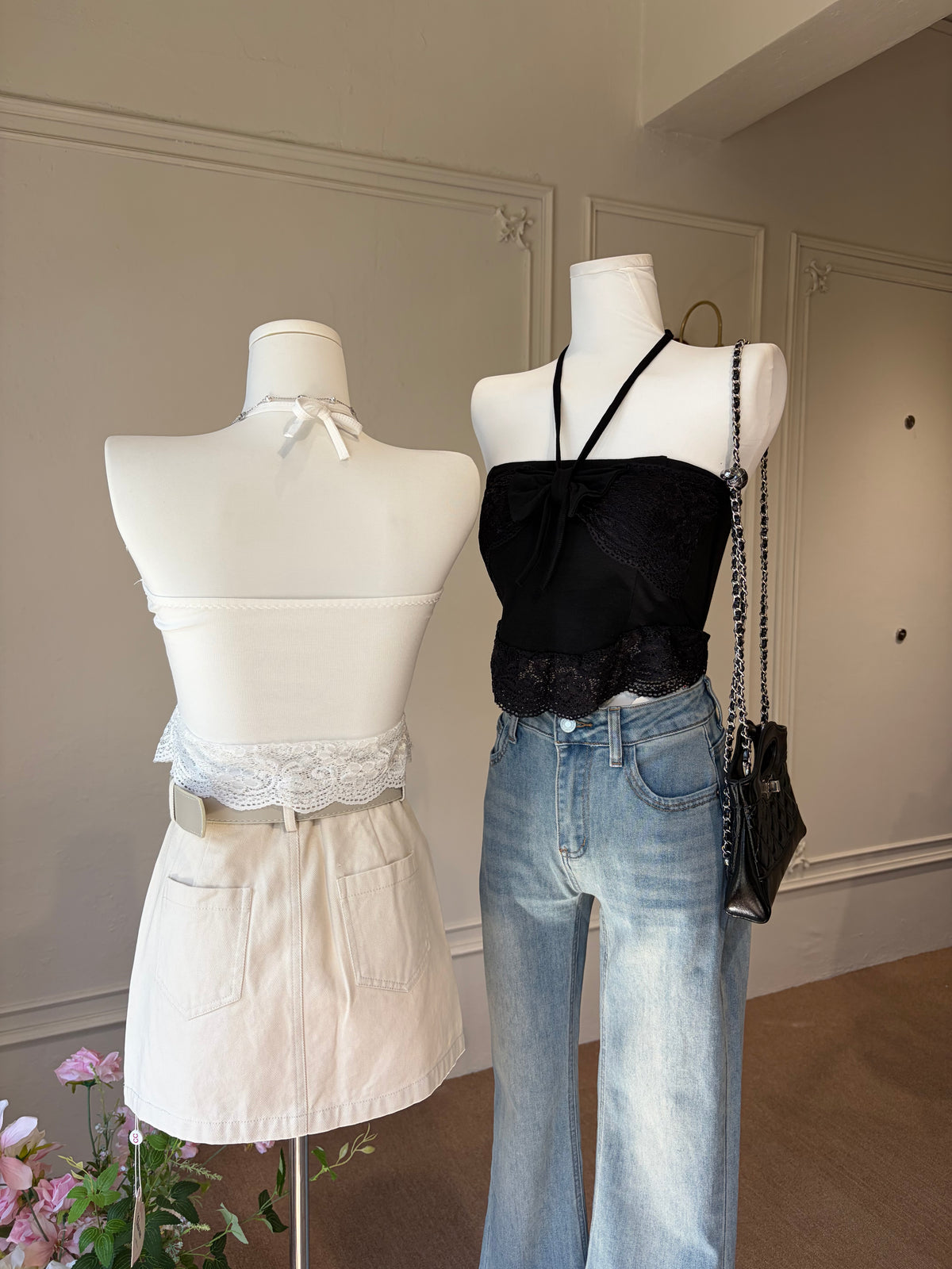Charme.cc Luna Lace Ribbon Top - Ivory and Black Color Variants with Front Bow and Lace Details
