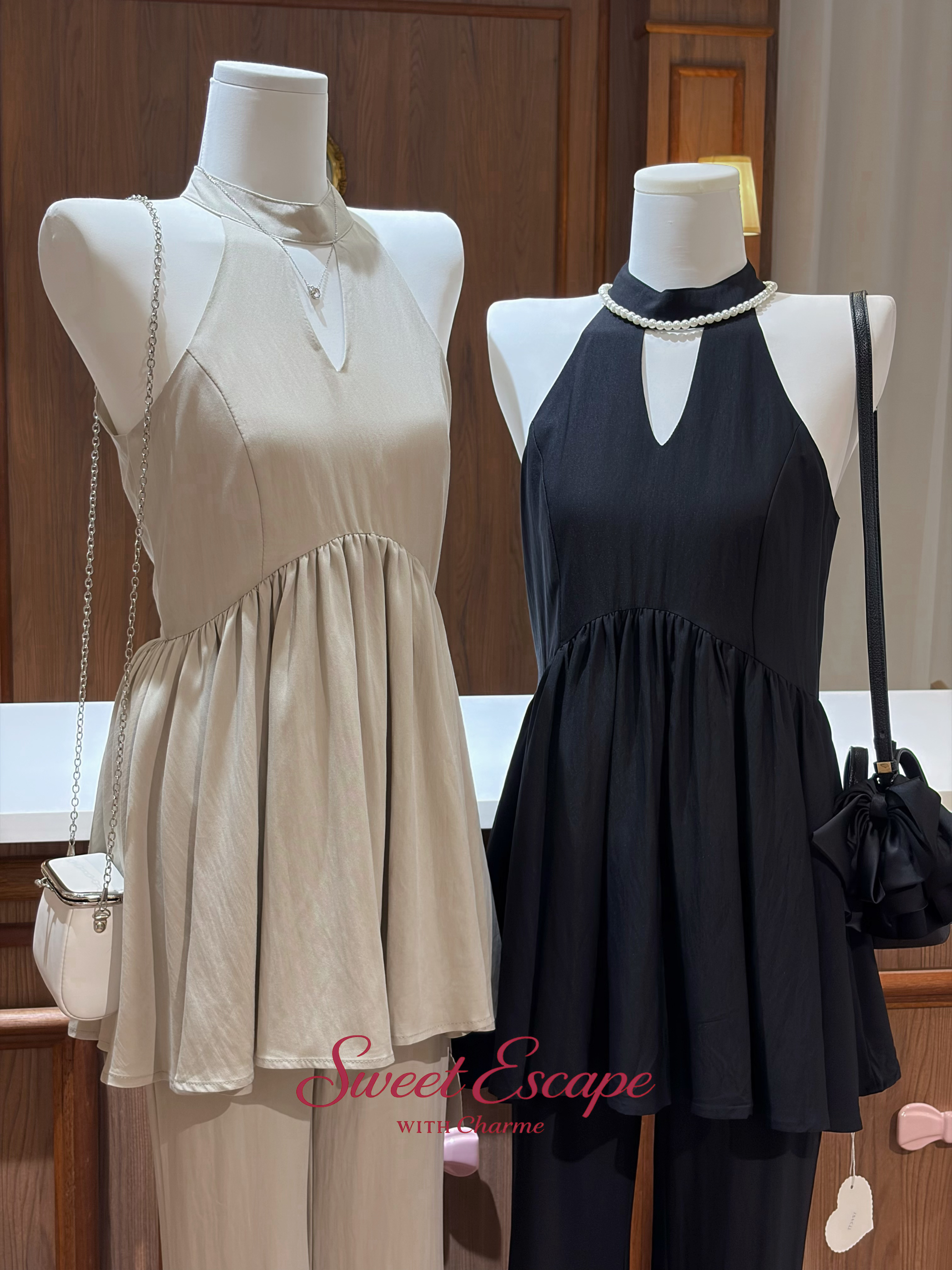 Elegant halter co-ord set available in beige and black color options