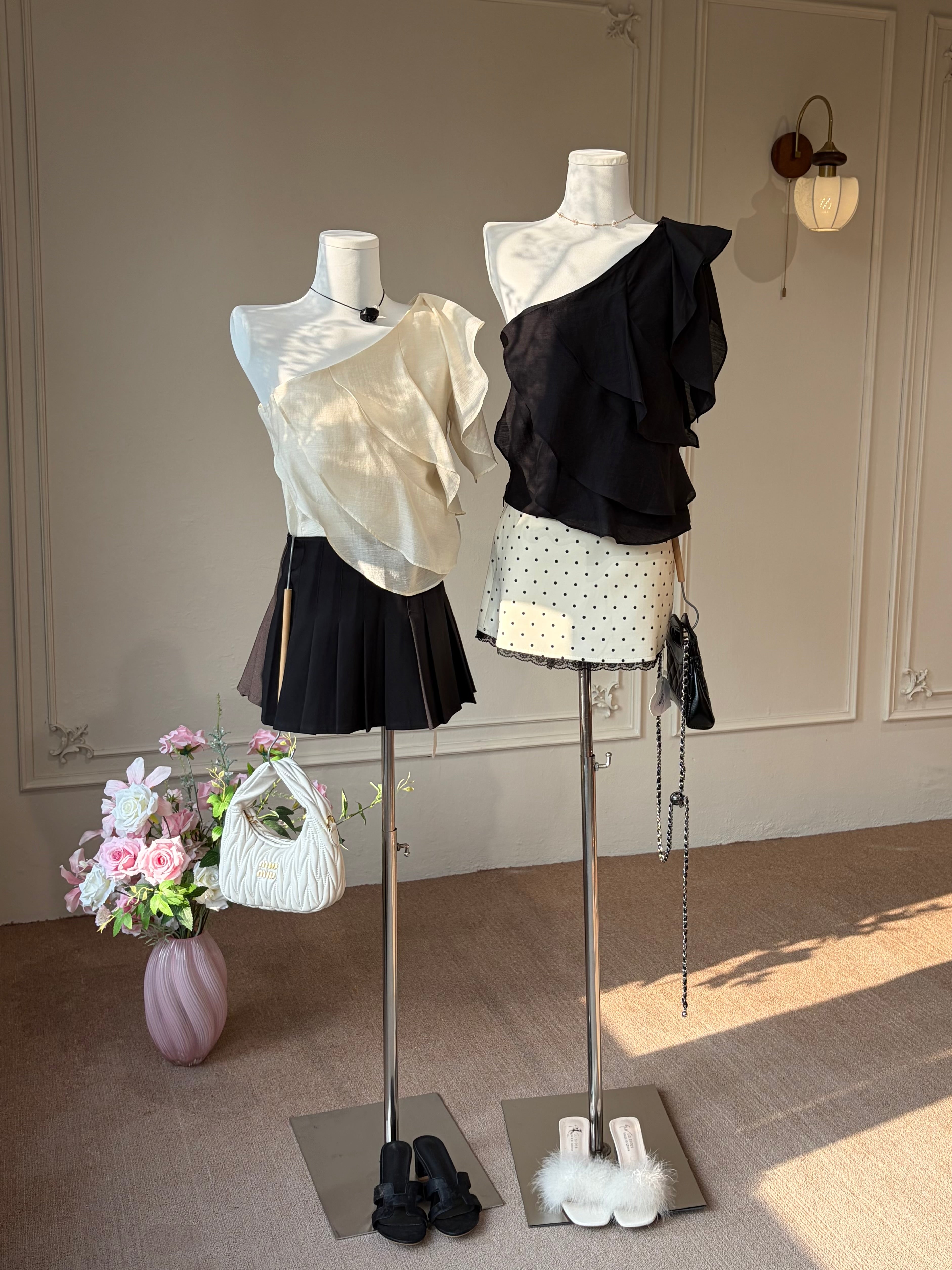 Charme.cc Women's Celeste Ruffle Top - Cream and Black One-Shoulder Tops Styled with Mini Skirts
