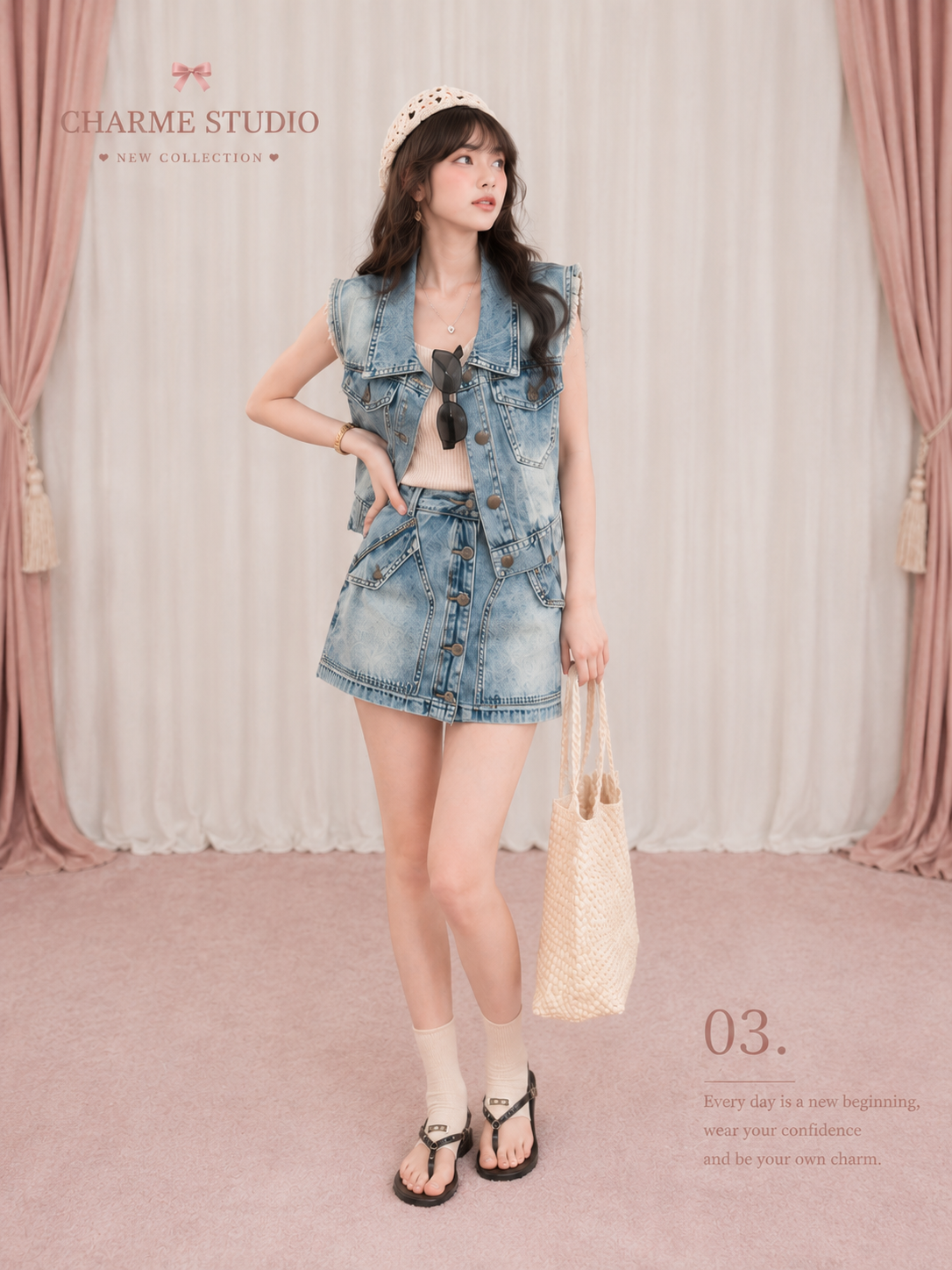 feminine denim two piece outfit chic style