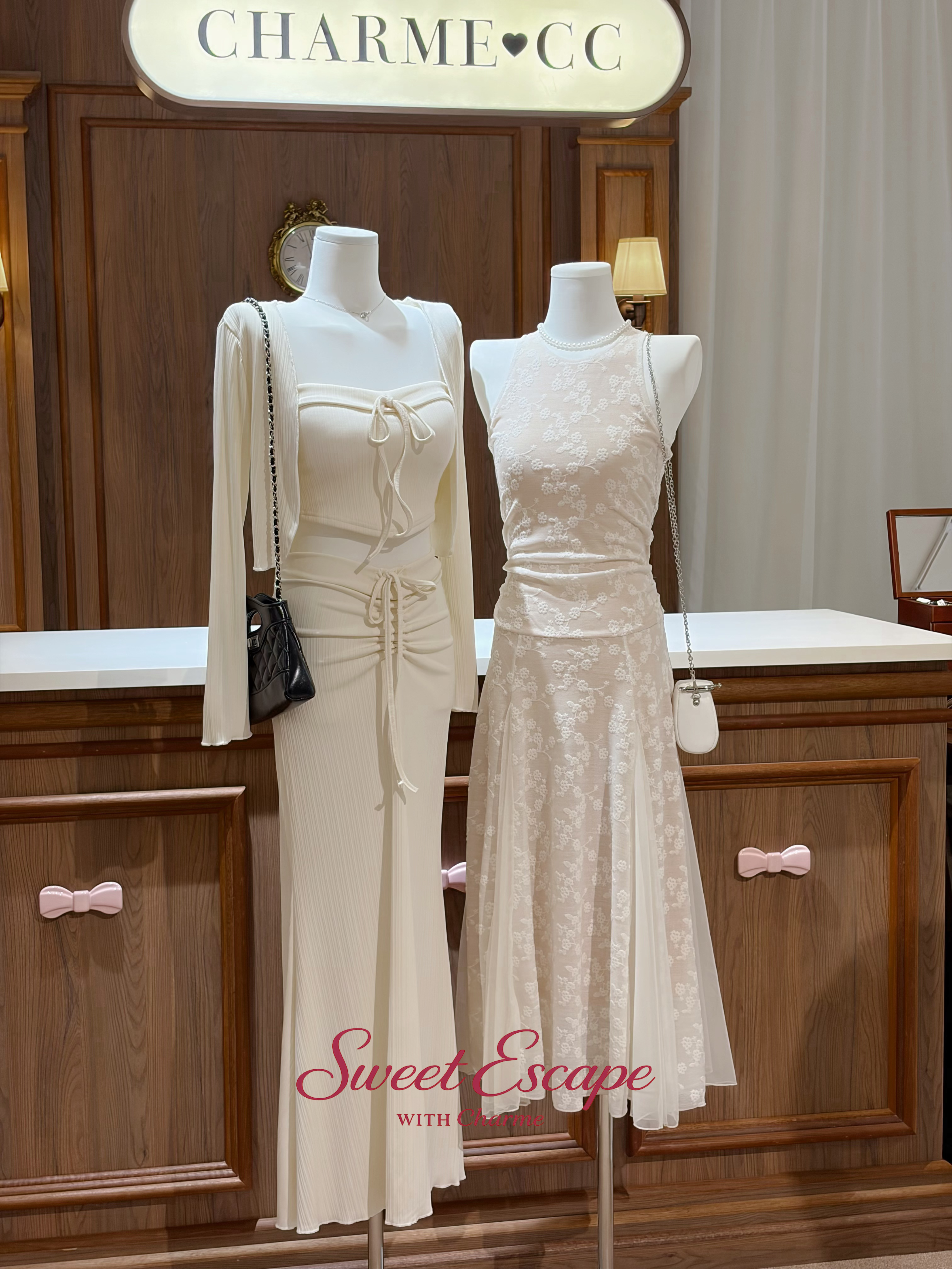 Textured floral lace long dress in soft cream tone
