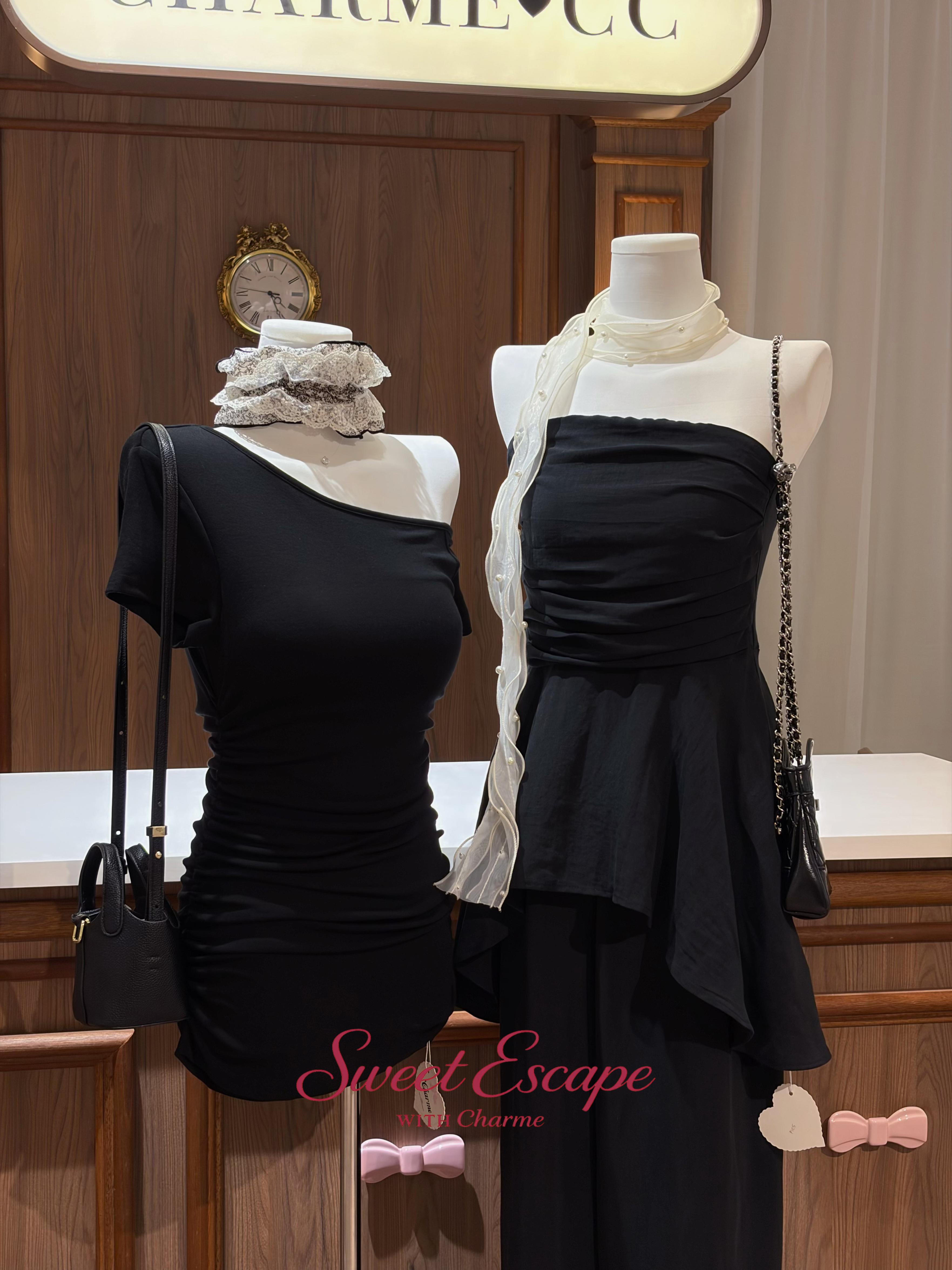 Black off shoulder ruched mini dress with fitted silhouette from Sweet Escape collection