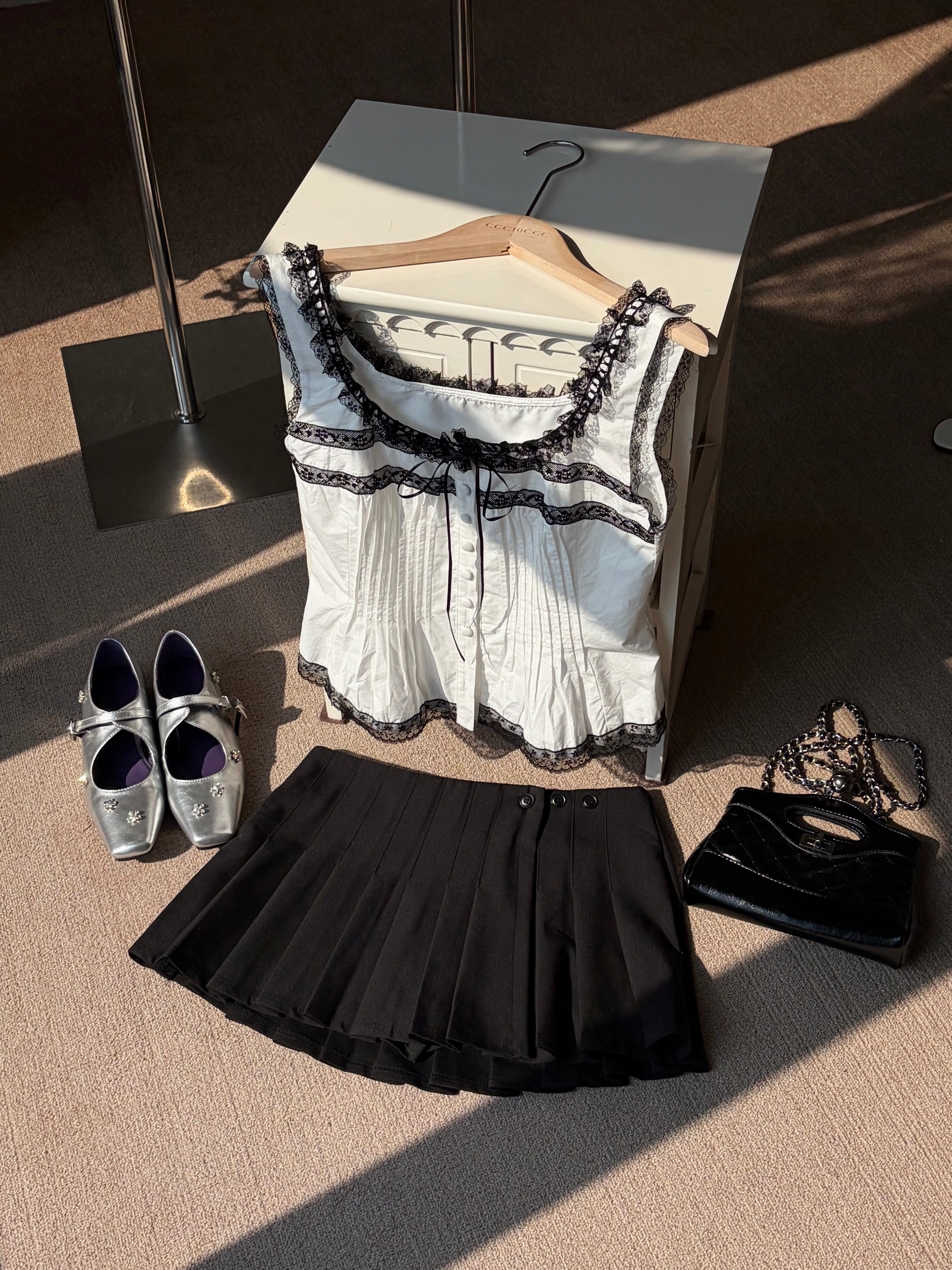 Charme.cc Elise Lace Cami - Square Neckline with Black Contrast Lace Trim, Ribbon Bow and Button Front Details