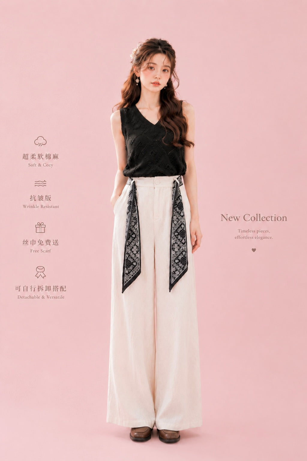 Anais Wide Leg Pants（free Ribbon Scarf）