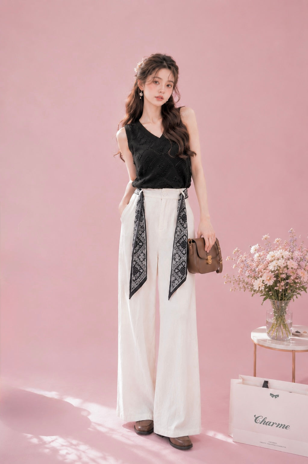 Anais Wide Leg Pants（free Ribbon Scarf）