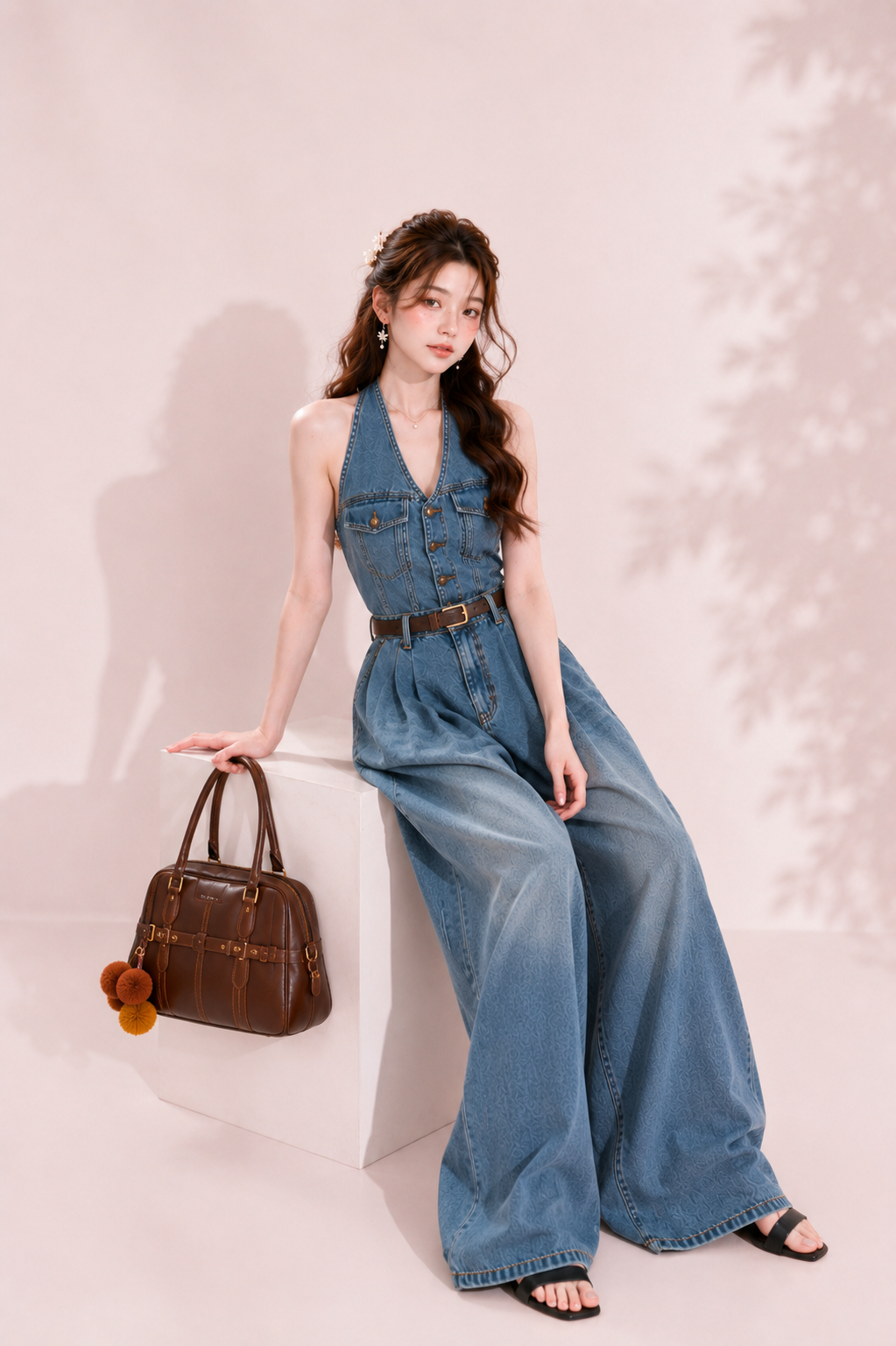 wide leg denim one piece outfit