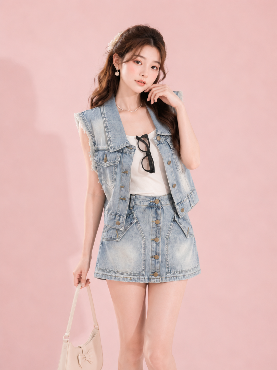 vintage wash denim vest and skirt set